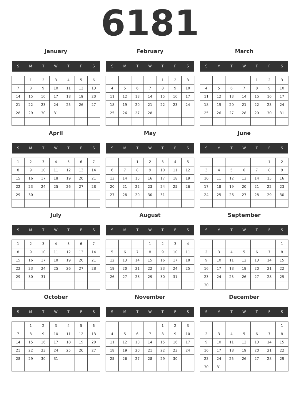 Printable 6181 Year Calendars dark