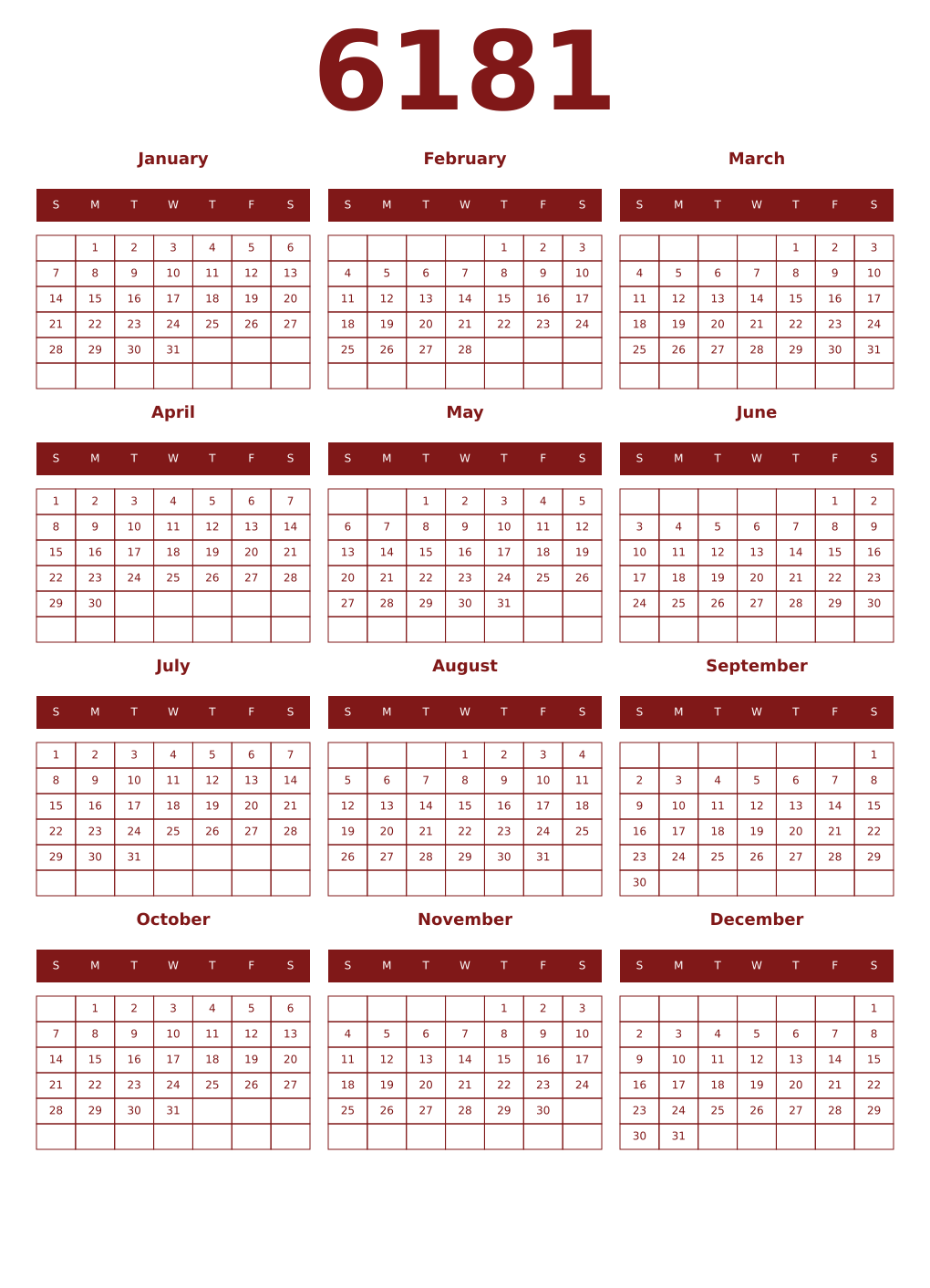 Printable 6181 Year Calendars falu