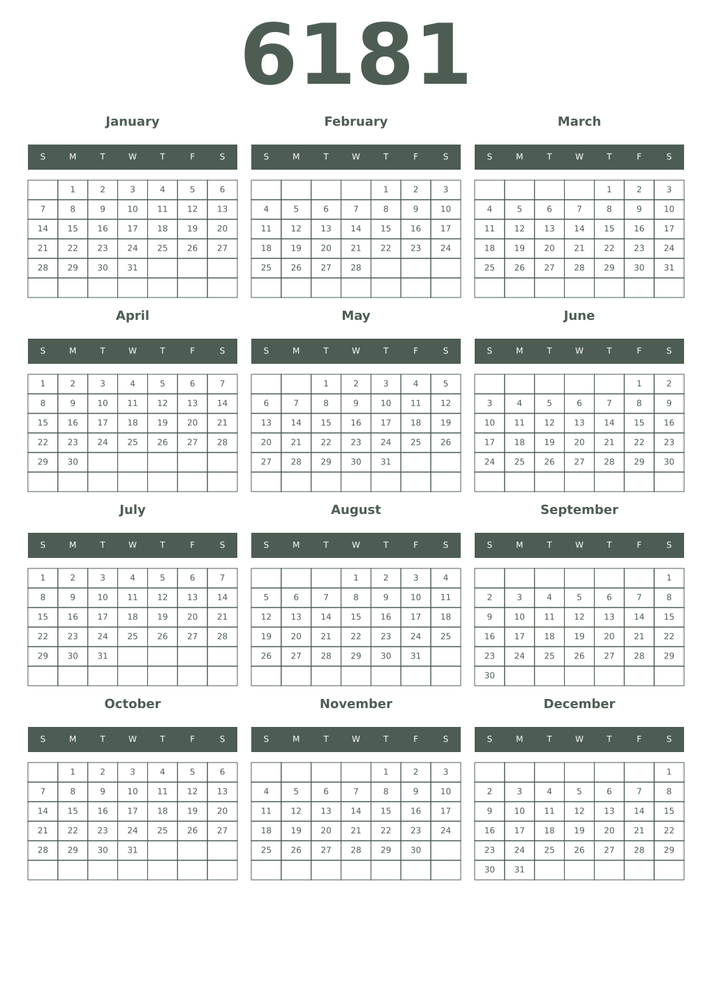 Printable 6181 Year Calendars feldgrau