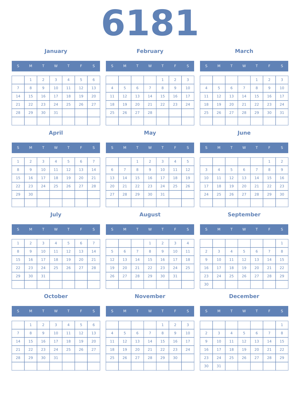 Printable 6181 Year Calendars glaucous