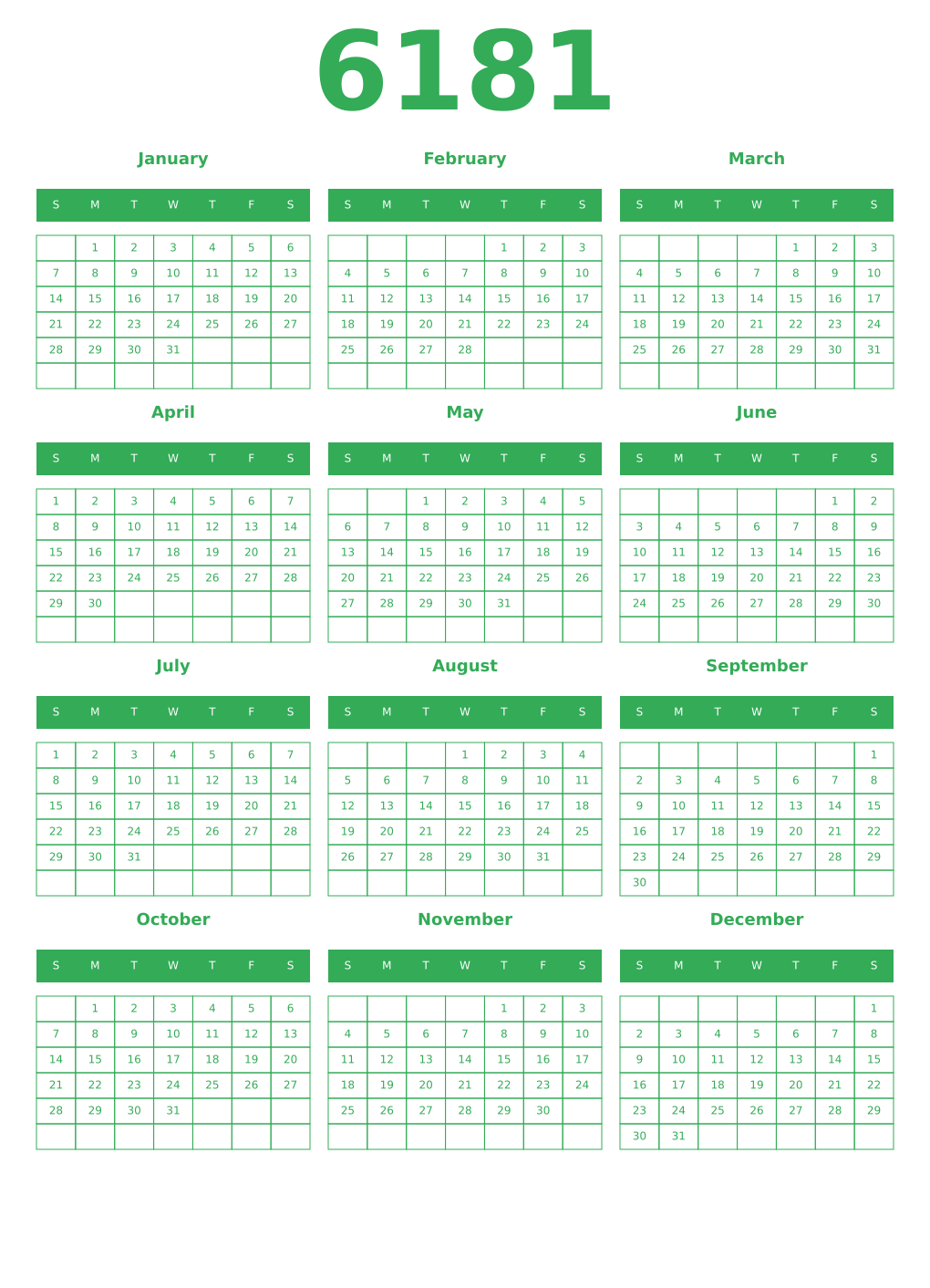 Printable 6181 Year Calendars green