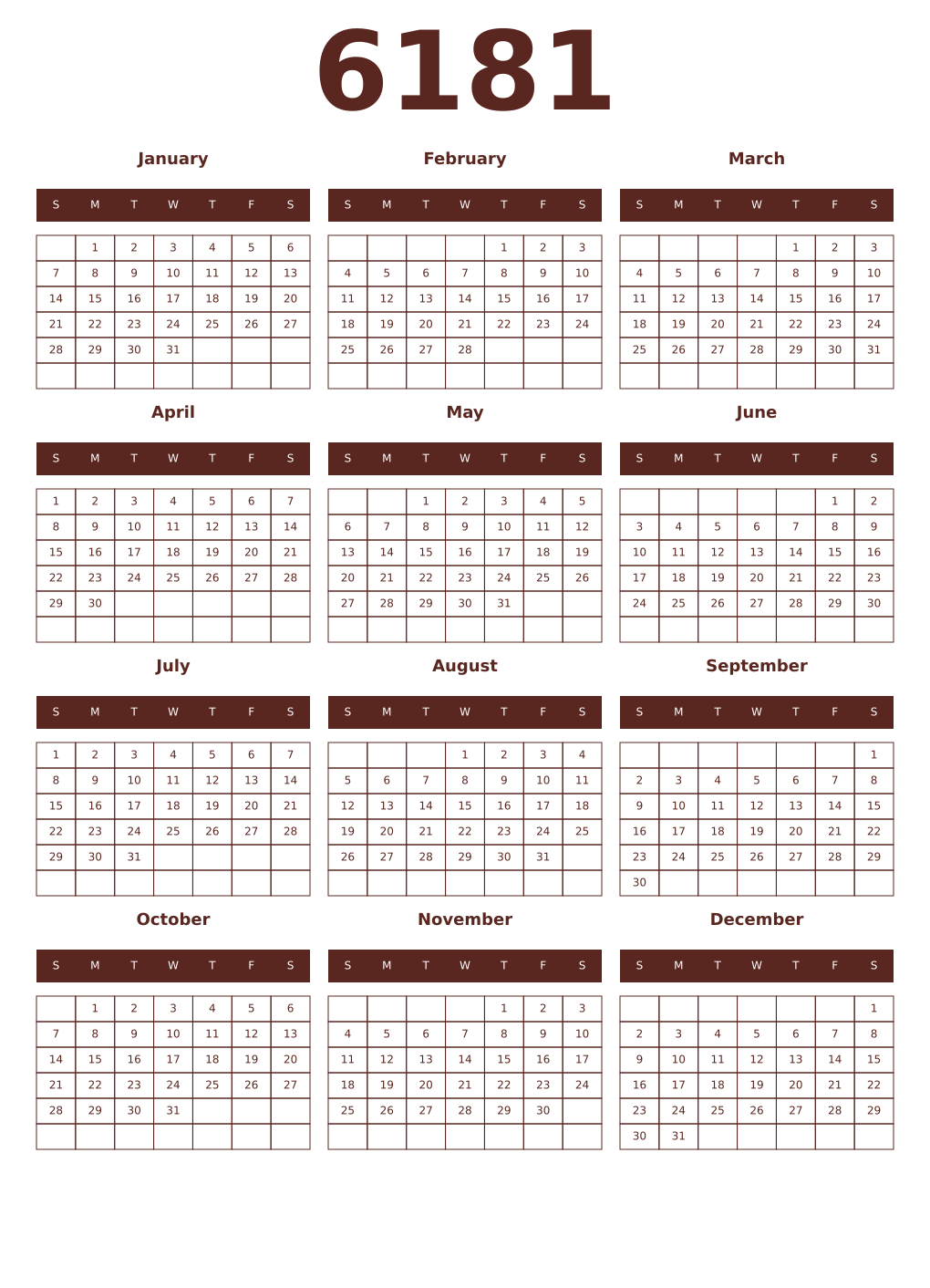 Printable 6181 Year Calendars mortuum