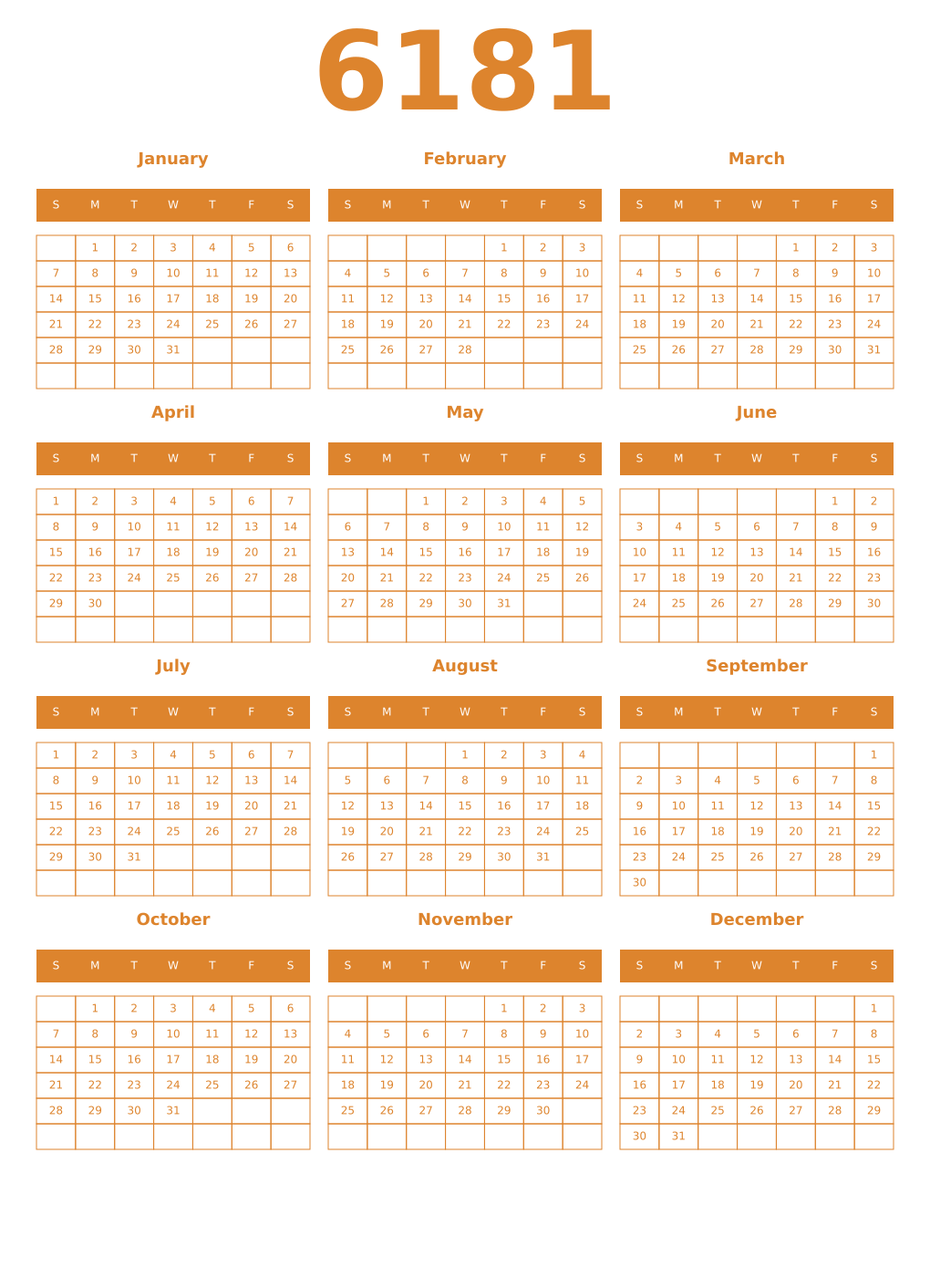 Printable 6181 Year Calendars orange