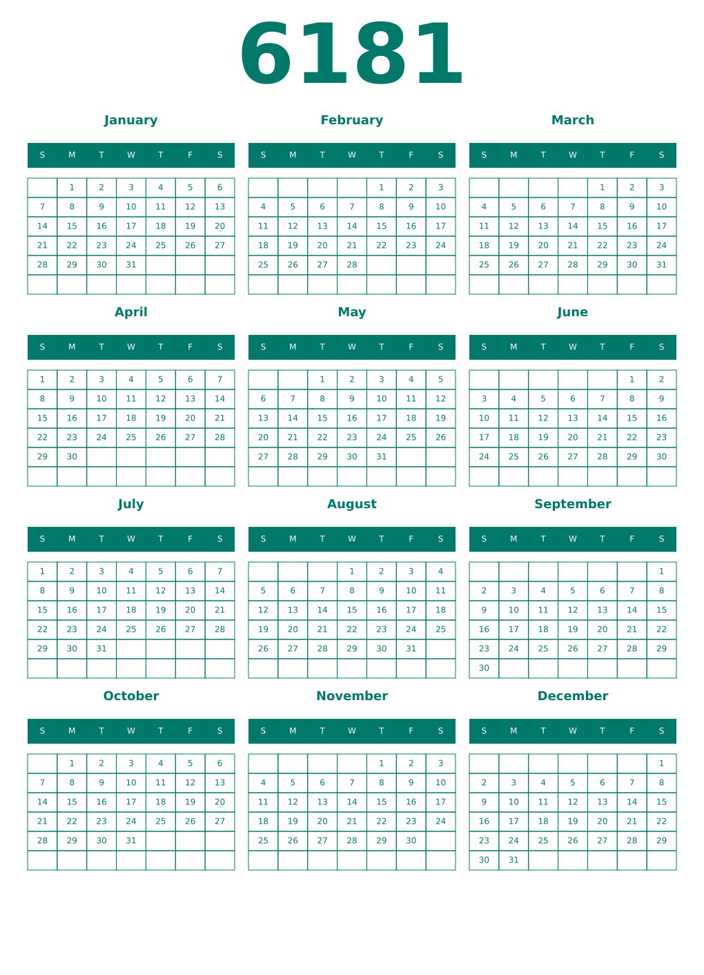 Printable 6181 Year Calendars pastel