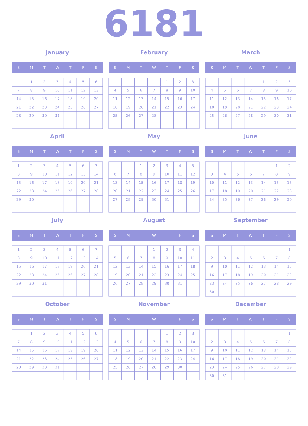 Printable 6181 Year Calendars periwinkle