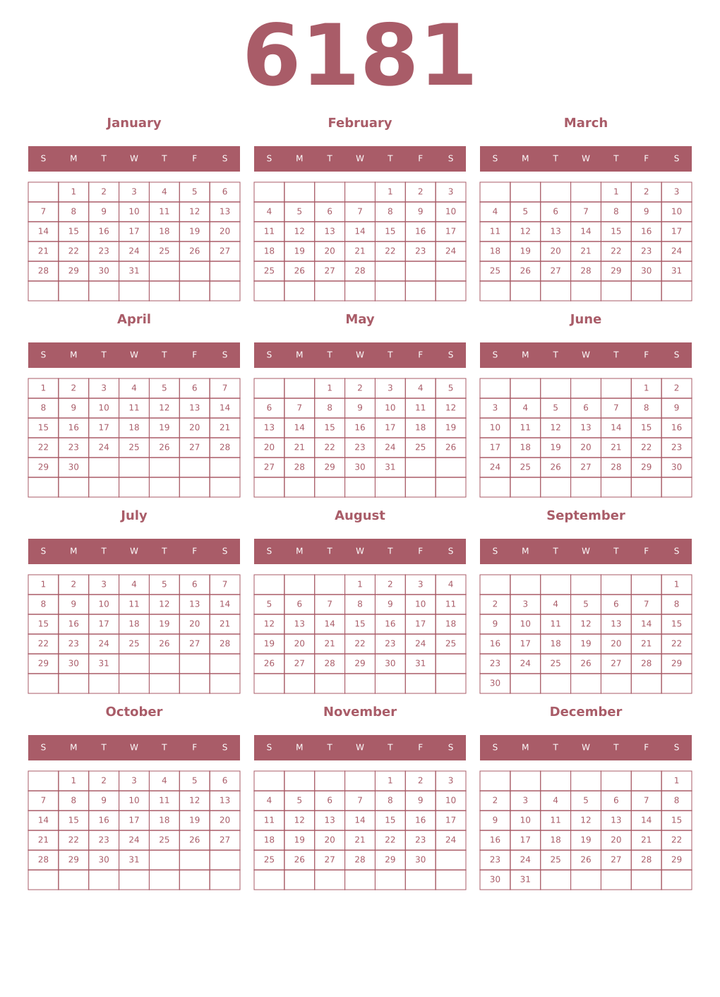Printable 6181 Year Calendars puce