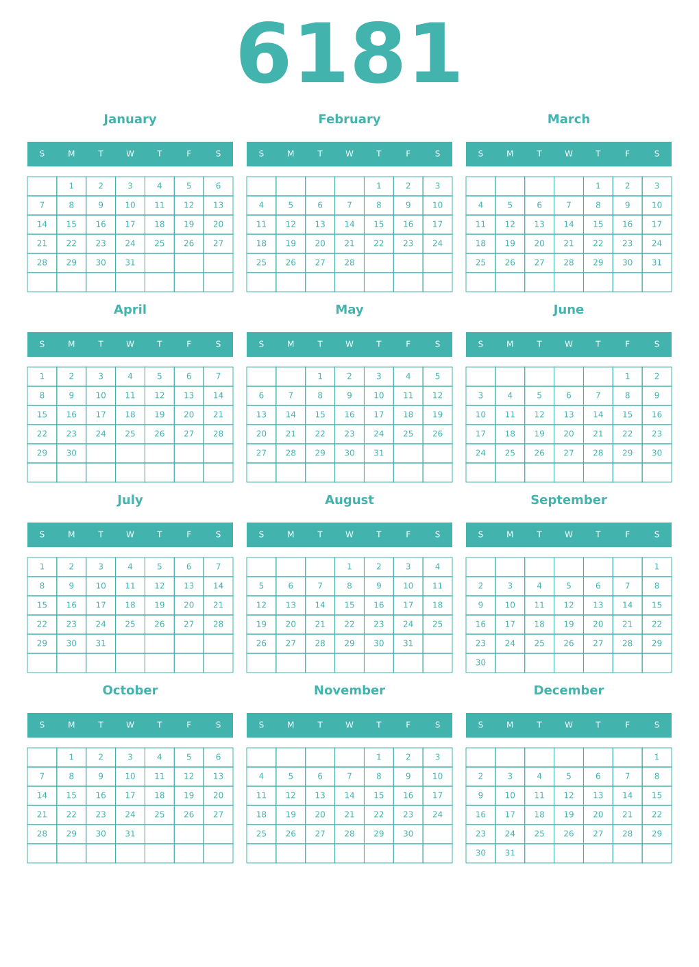 Printable 6181 Year Calendars verdigris
