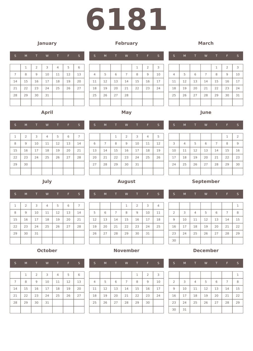 Printable 6181 Year Calendars wenge