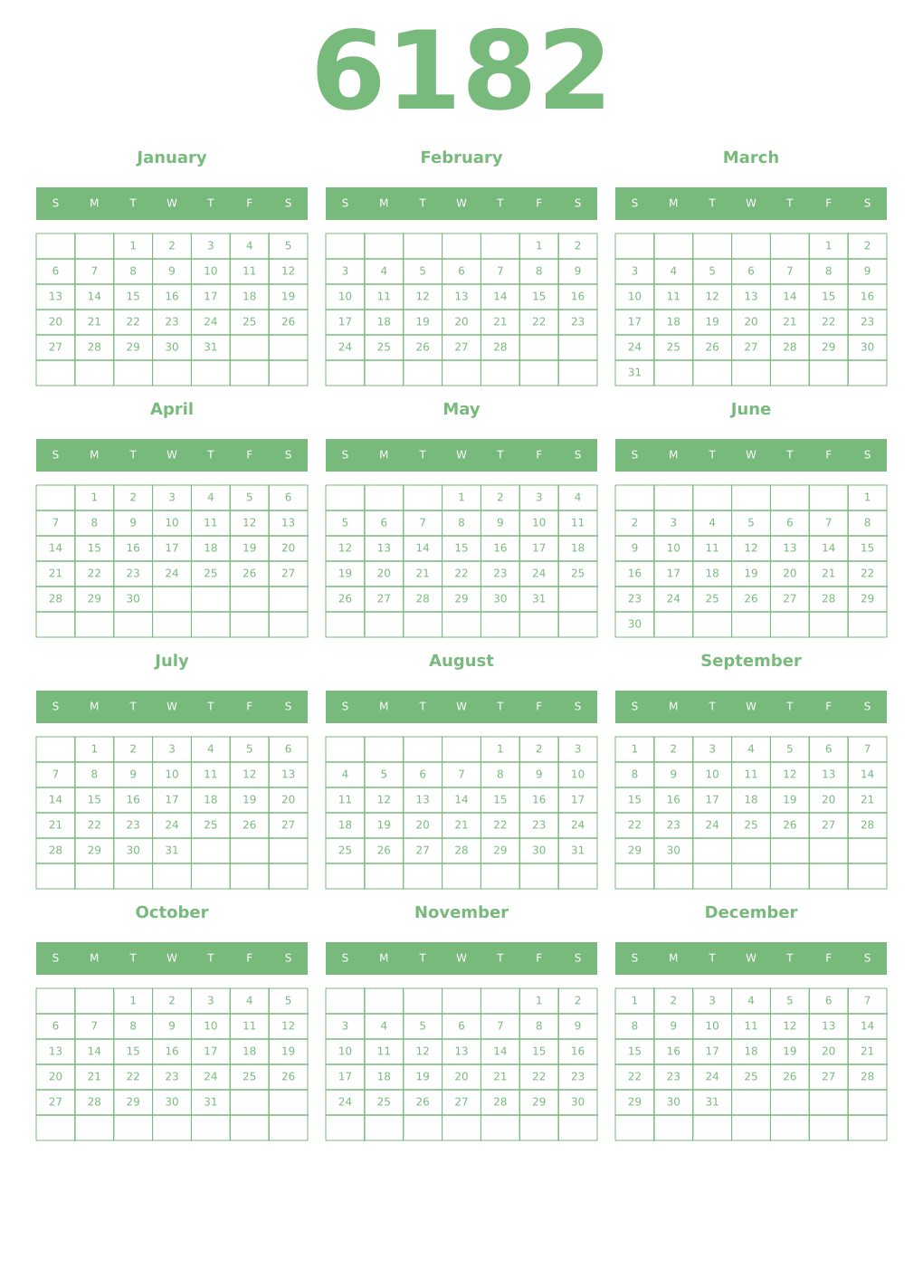 Printable 6182 Year Calendars celadon