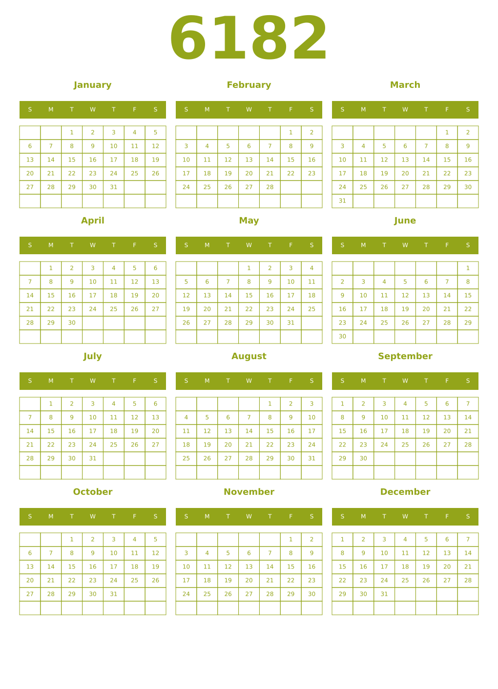 Printable 6182 Year Calendars chartreuse