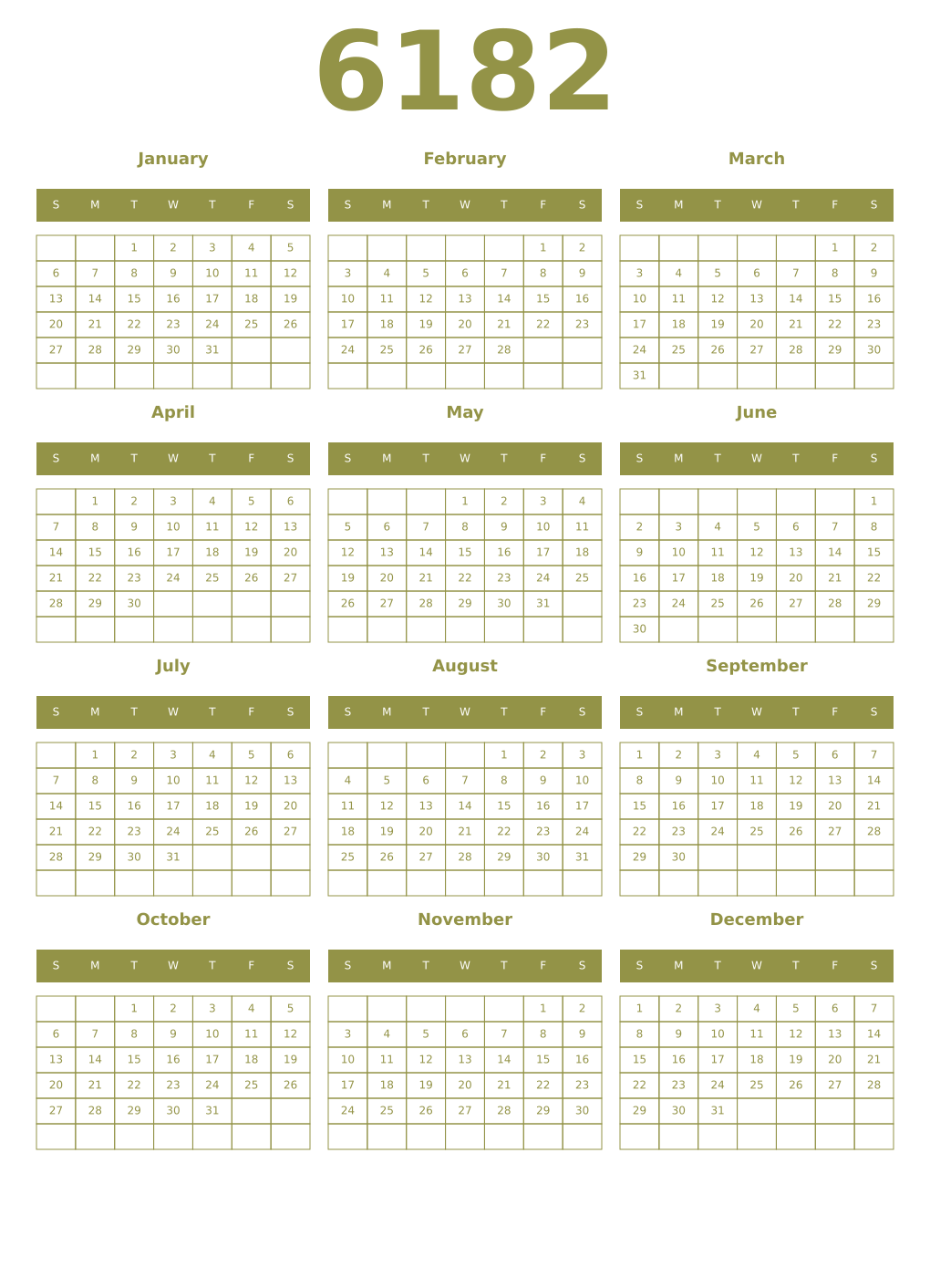 Printable 6182 Year Calendars eburnean