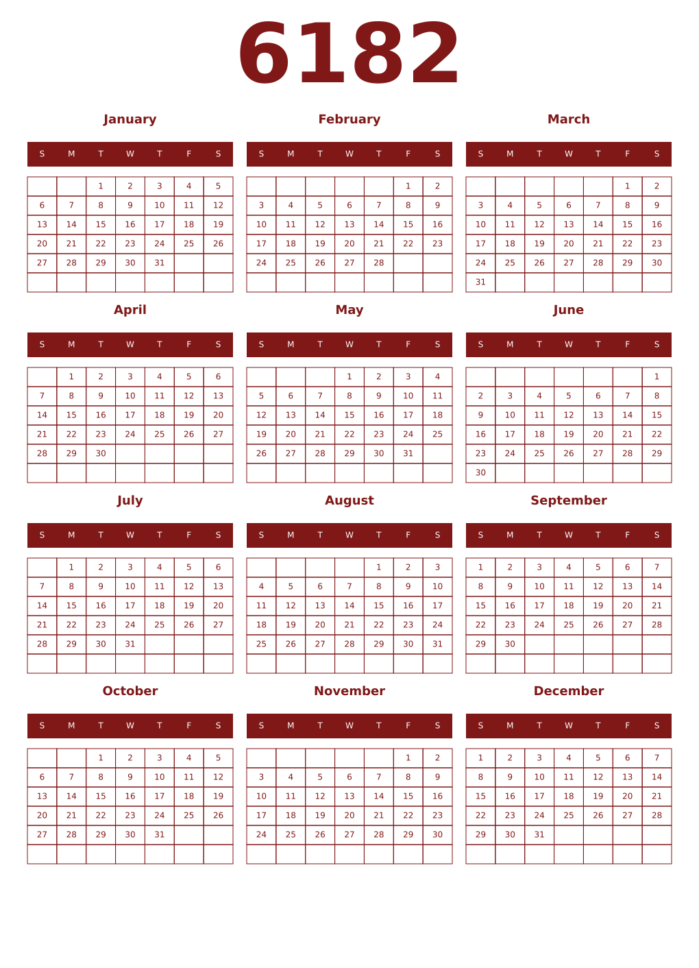 Printable 6182 Year Calendars falu