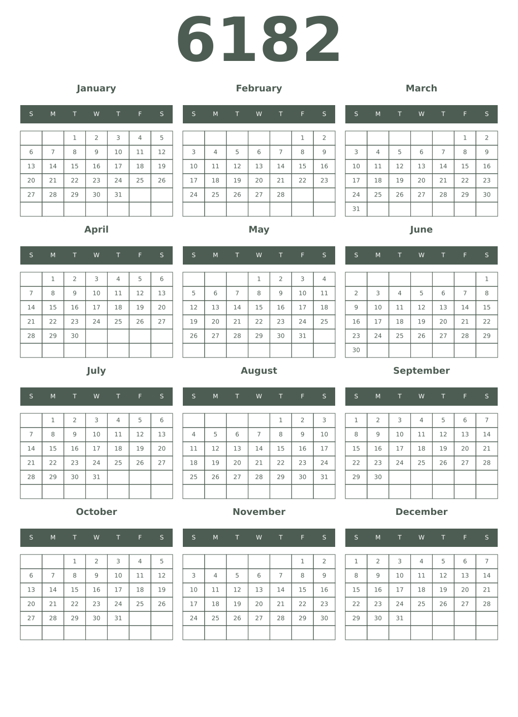 Printable 6182 Year Calendars feldgrau