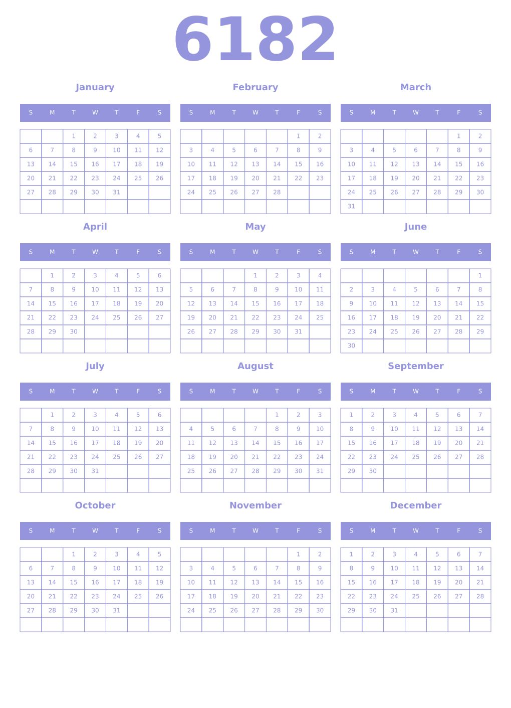Printable 6182 Year Calendars periwinkle