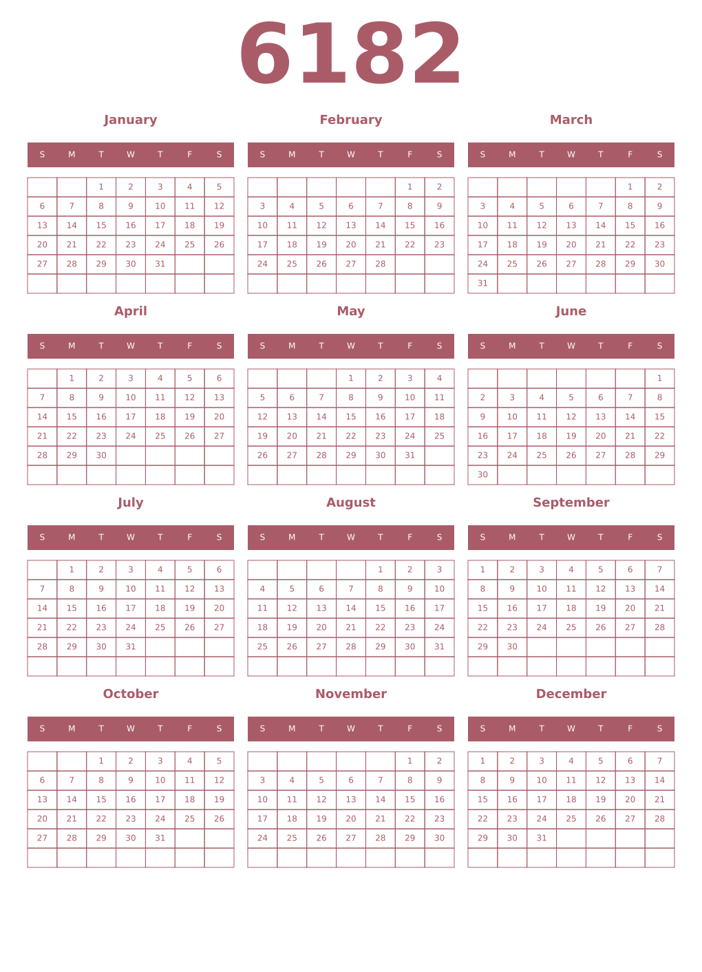 Printable 6182 Year Calendars puce