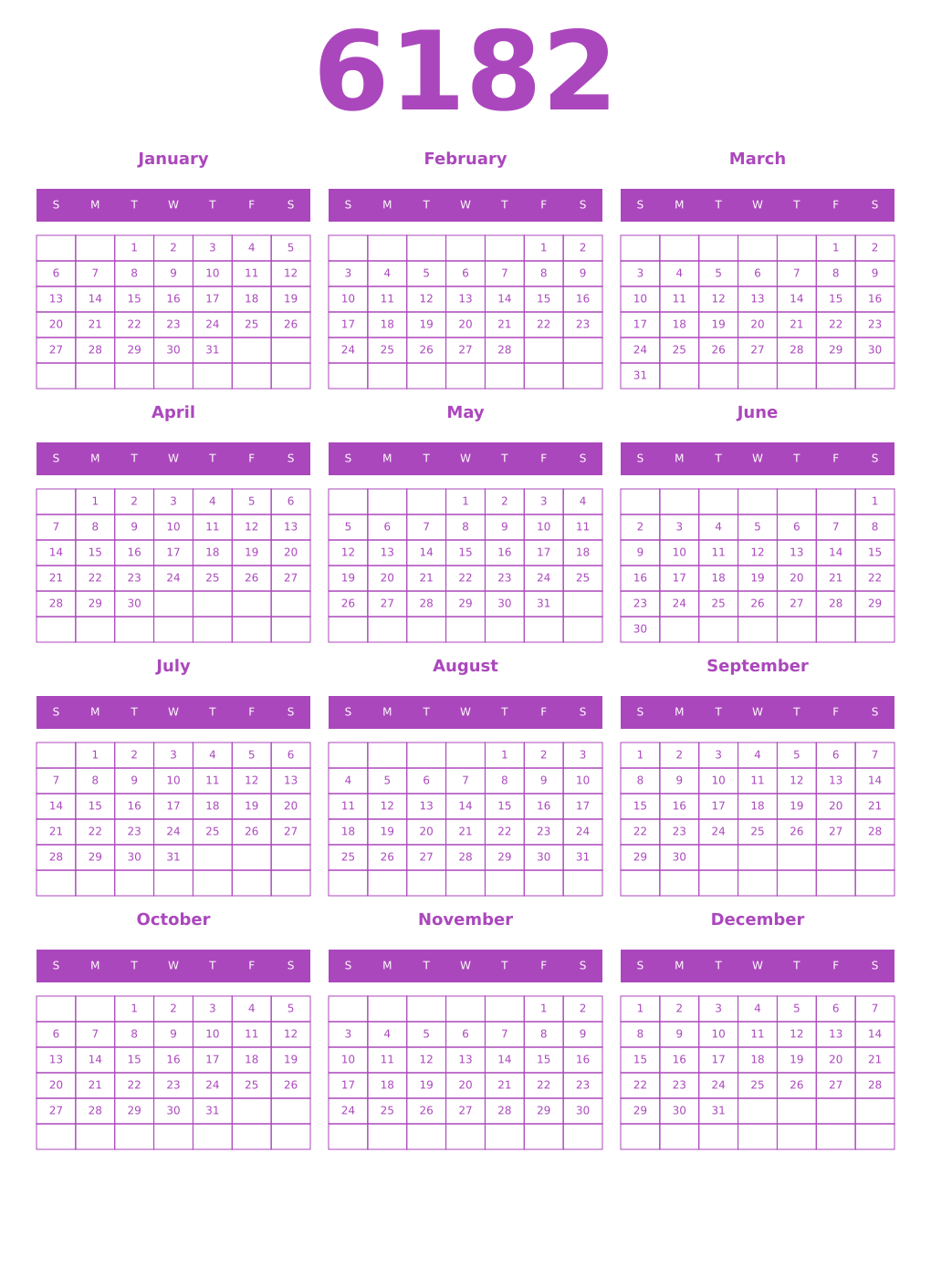 Printable 6182 Year Calendars purple