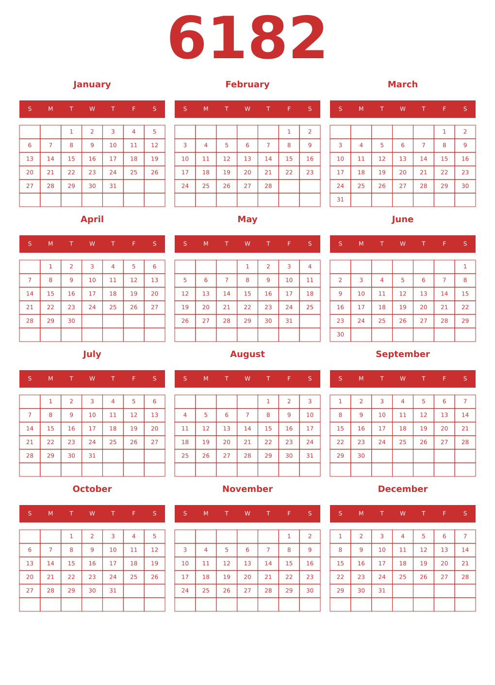 Printable 6182 Year Calendars red