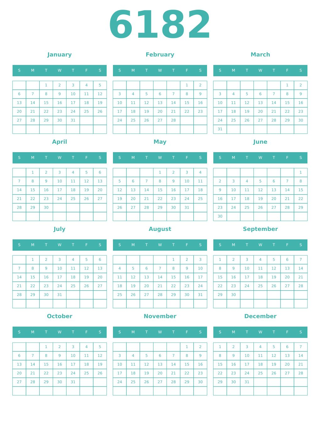 Printable 6182 Year Calendars verdigris