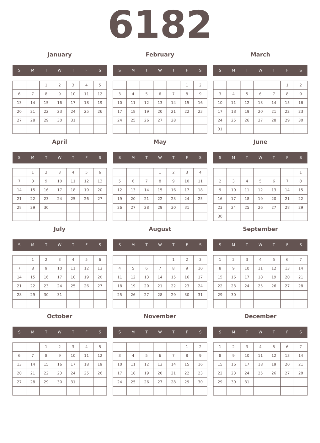 Printable 6182 Year Calendars wenge