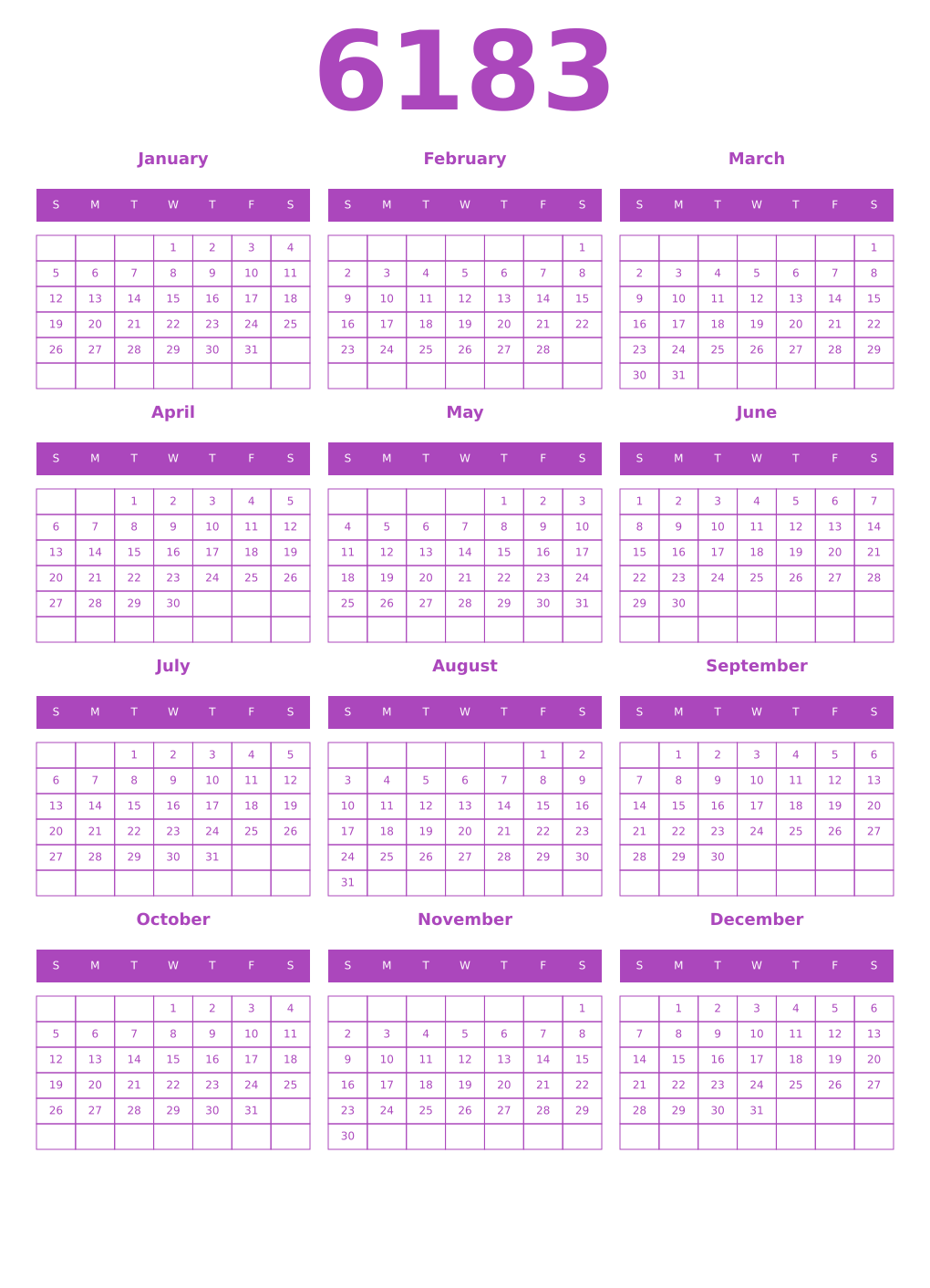 Printable 6183 Calendars