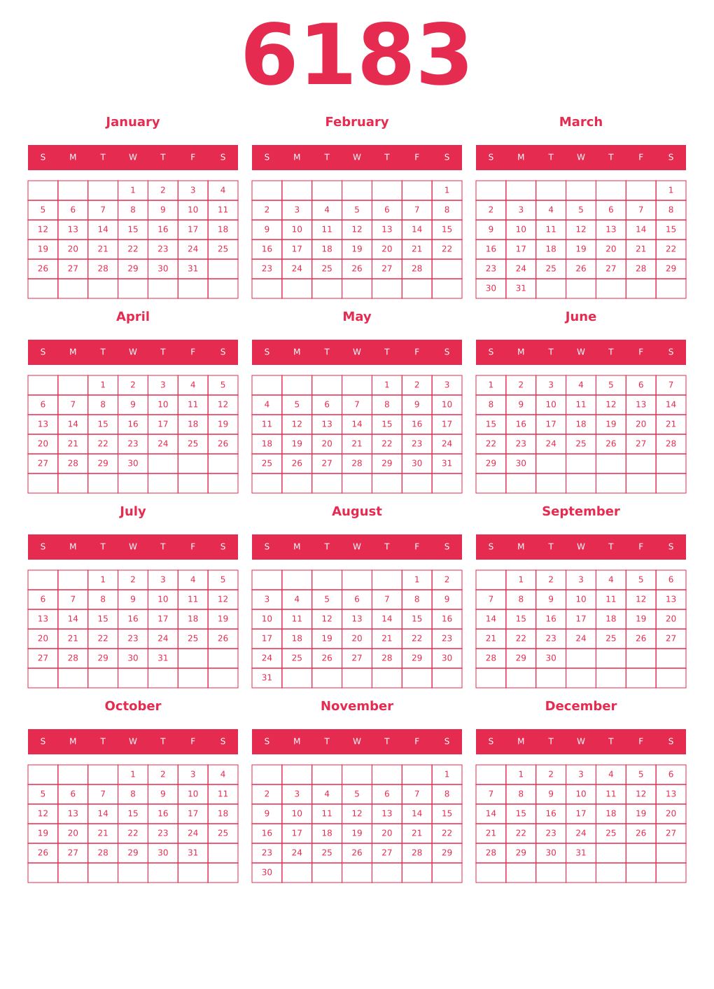 Printable 6183 Year Calendars amaranth