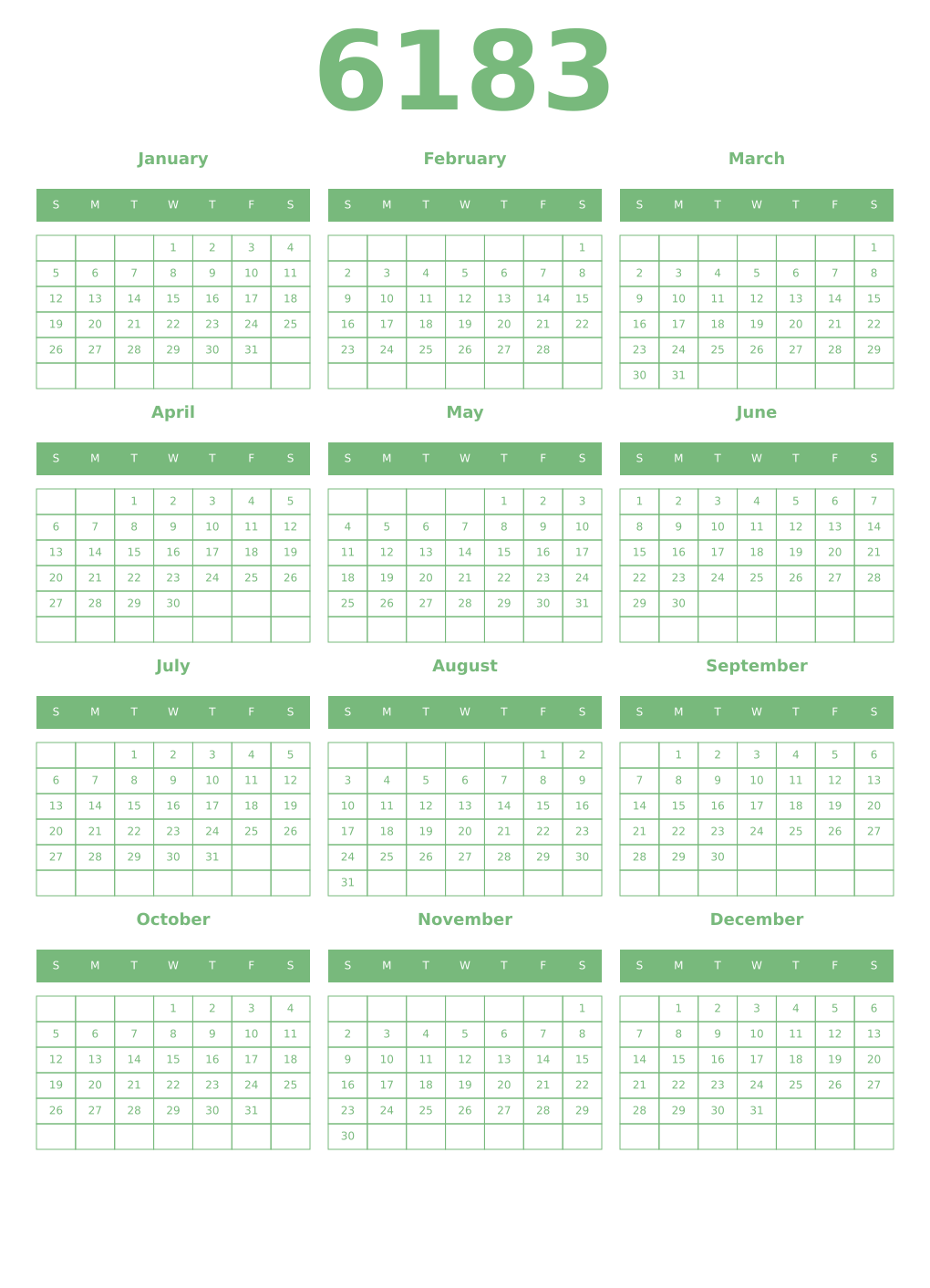 Printable 6183 Year Calendars celadon