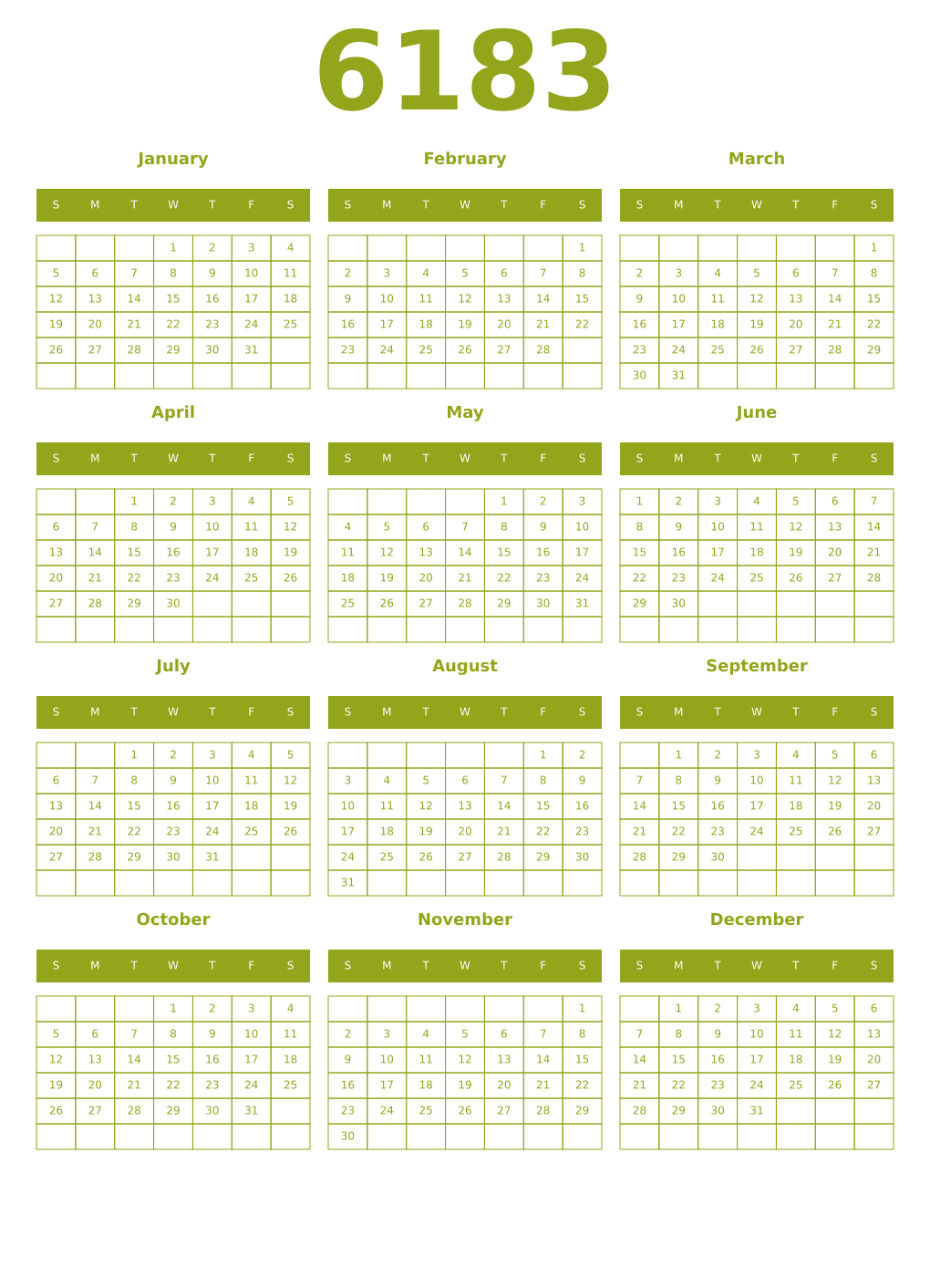 Printable 6183 Year Calendars chartreuse