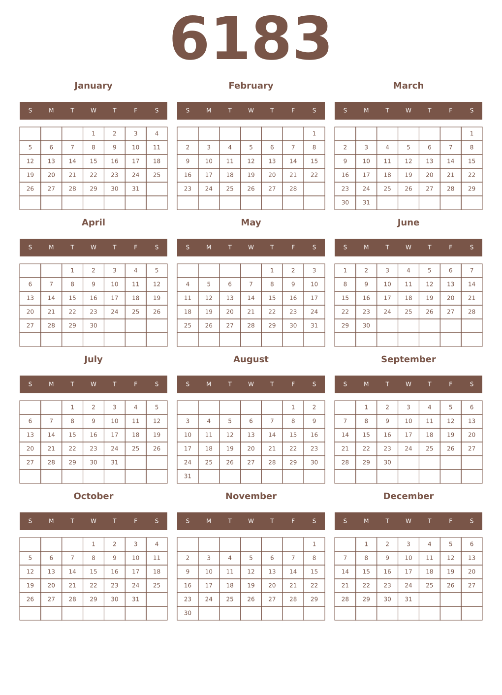 Printable 6183 Year Calendars coffe