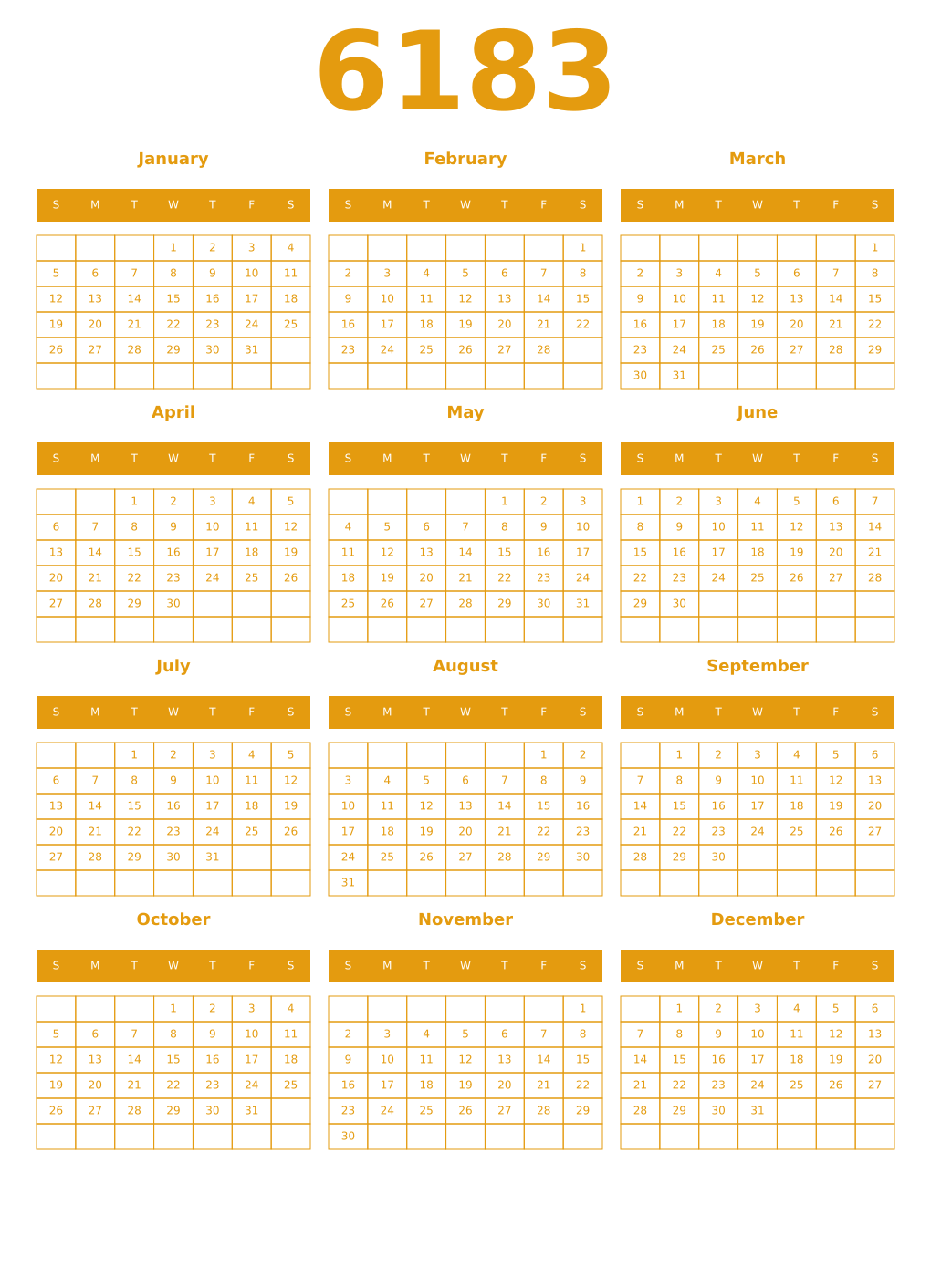 Printable 6183 Year Calendars gamboge