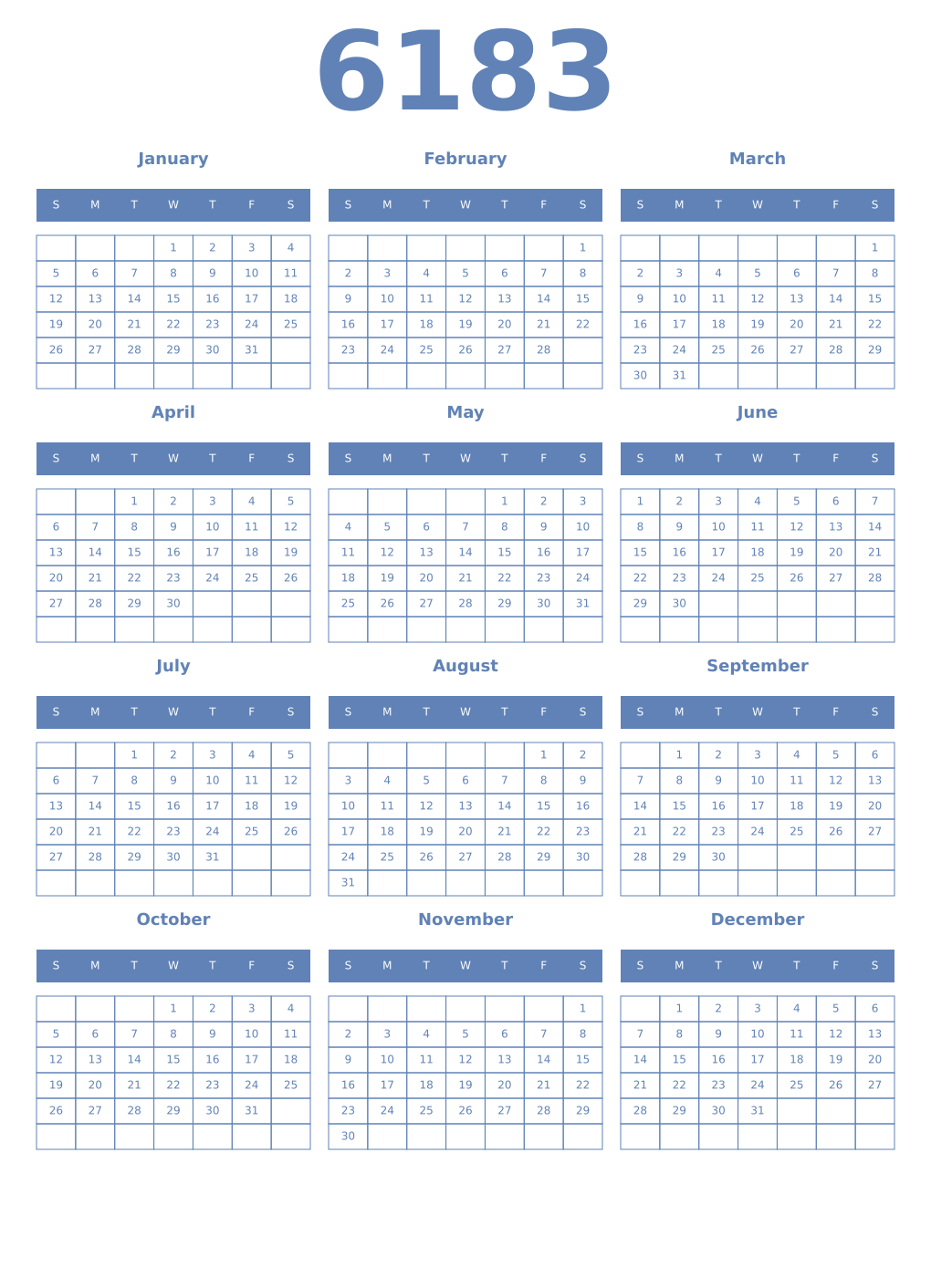 Printable 6183 Year Calendars glaucous