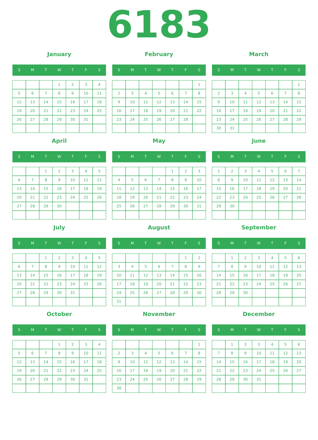 Printable 6183 Year Calendars green