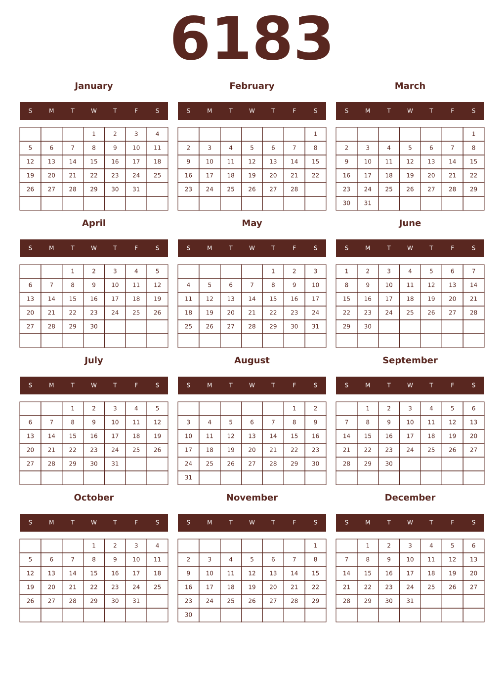 Printable 6183 Year Calendars mortuum
