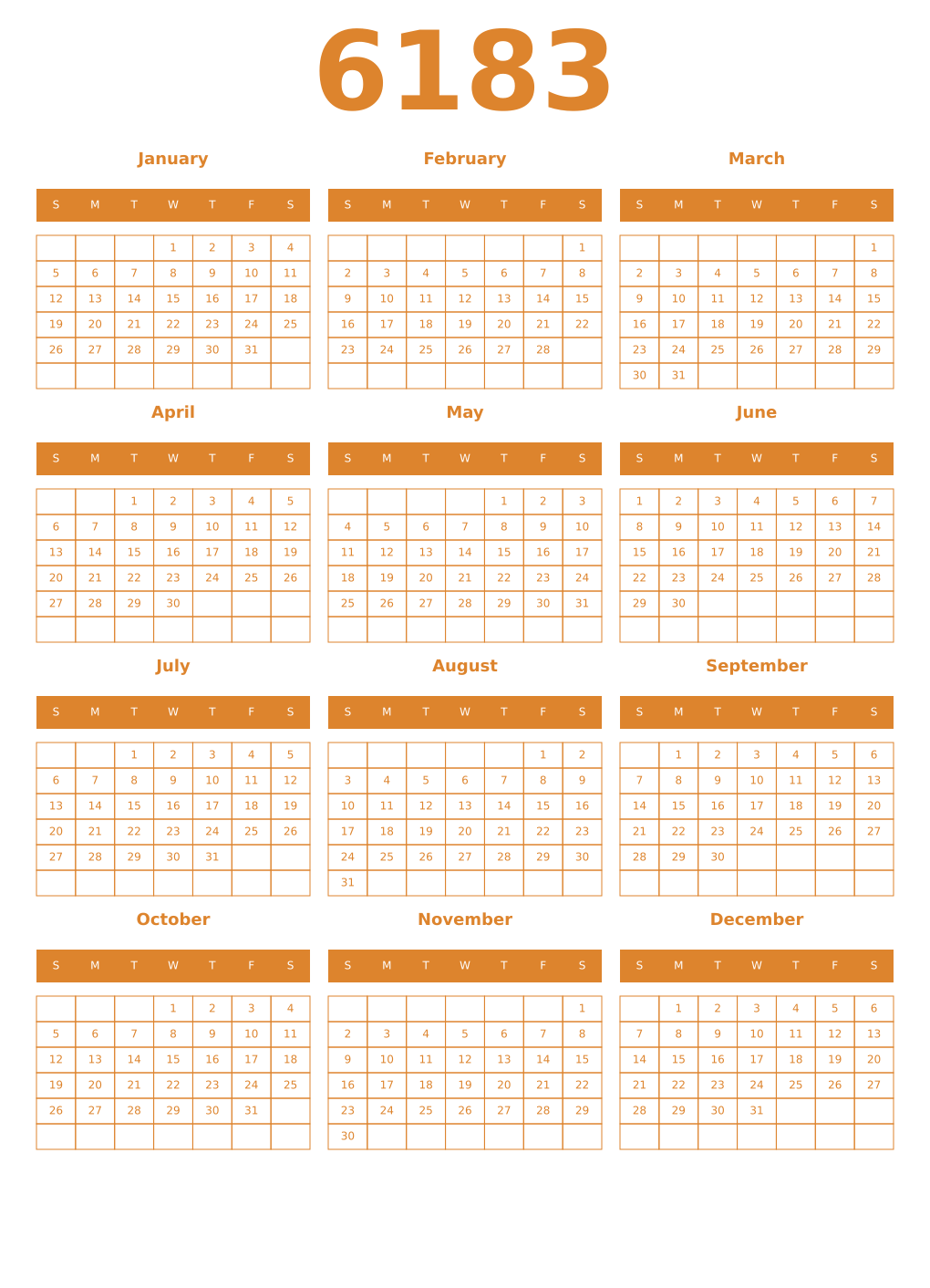 Printable 6183 Year Calendars orange