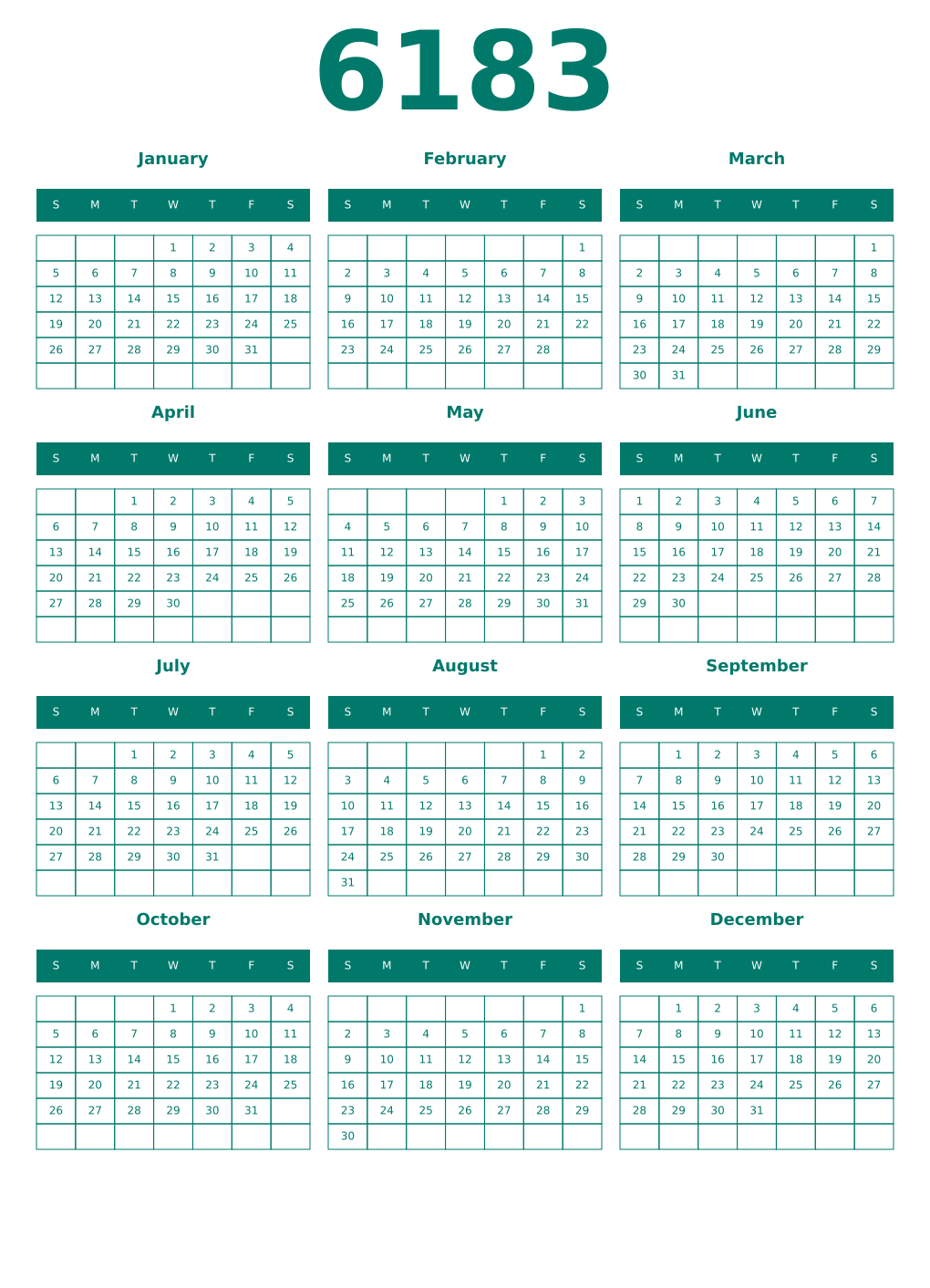Printable 6183 Year Calendars pastel