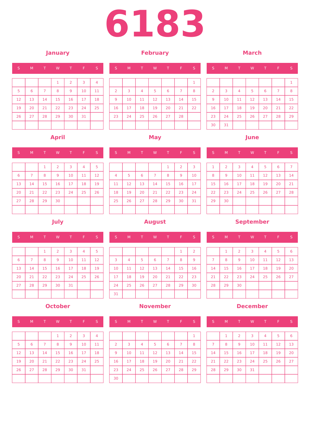 Printable 6183 Year Calendars pink