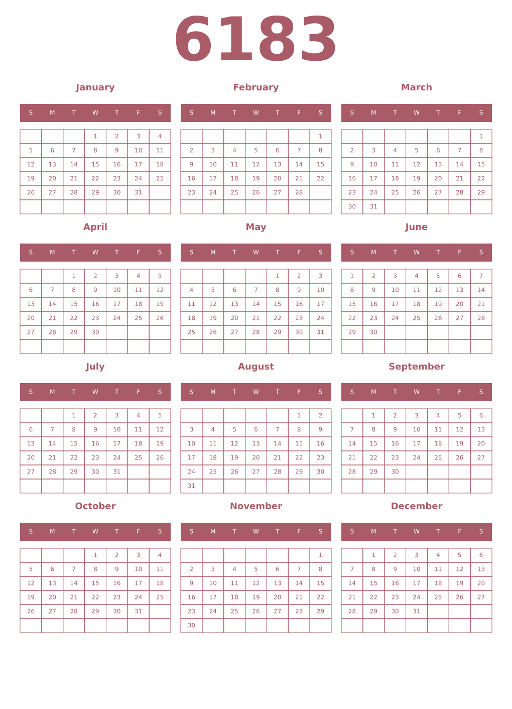 Printable 6183 Year Calendars puce
