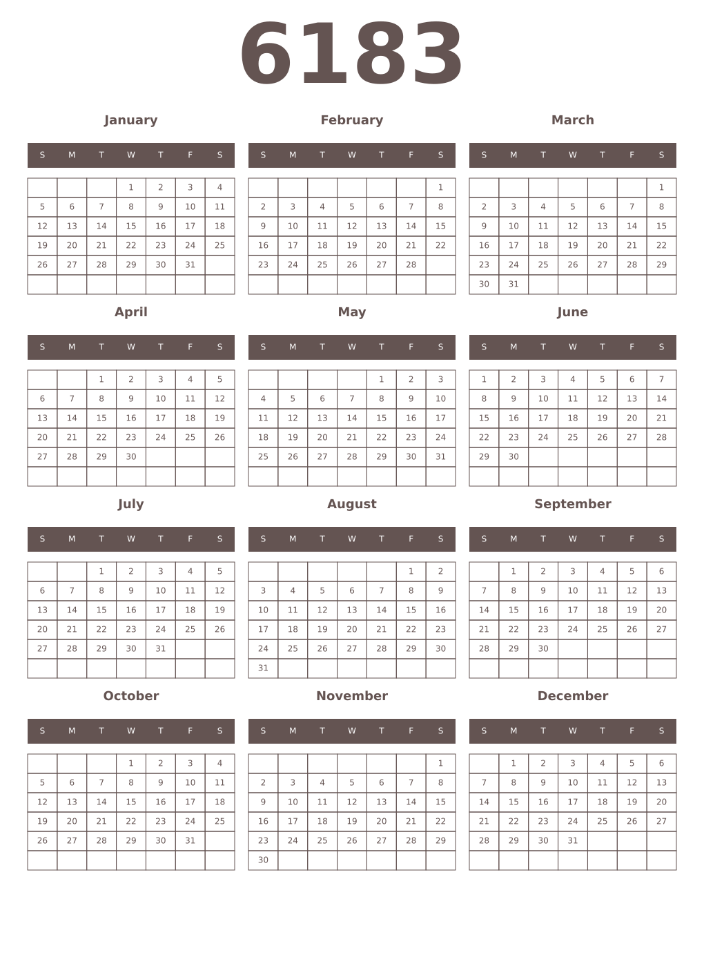 Printable 6183 Year Calendars wenge