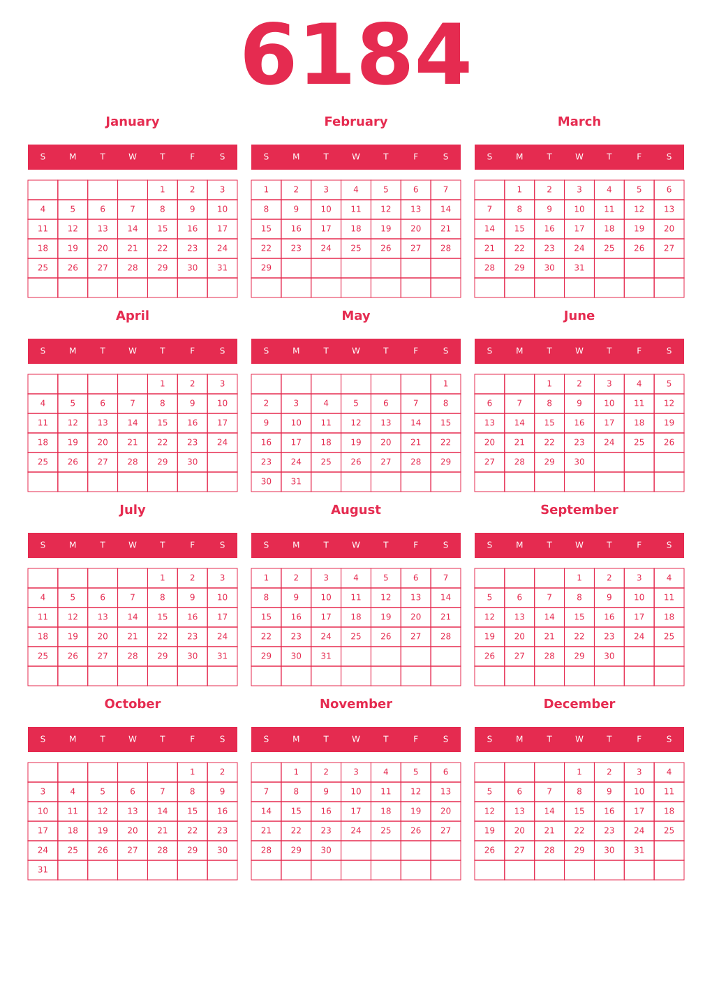 Printable 6184 Year Calendars amaranth