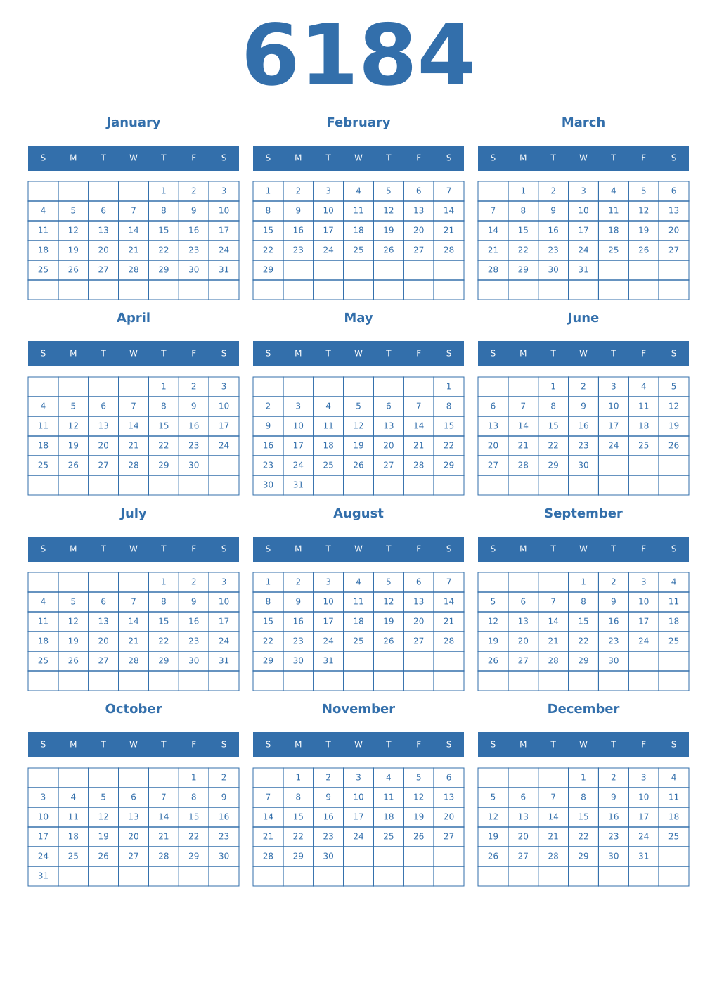 Printable 6184 Year Calendars blue