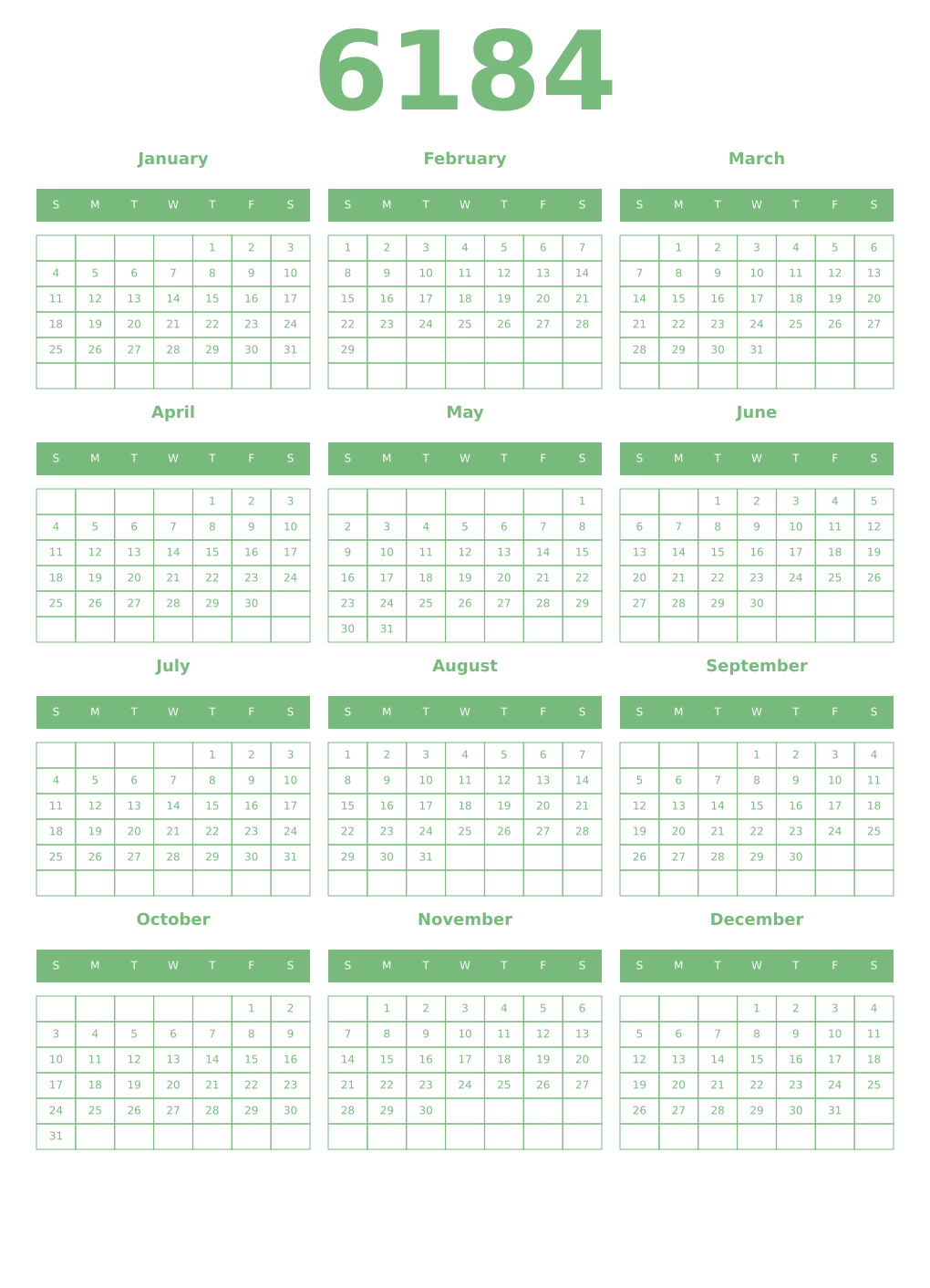 Printable 6184 Year Calendars celadon