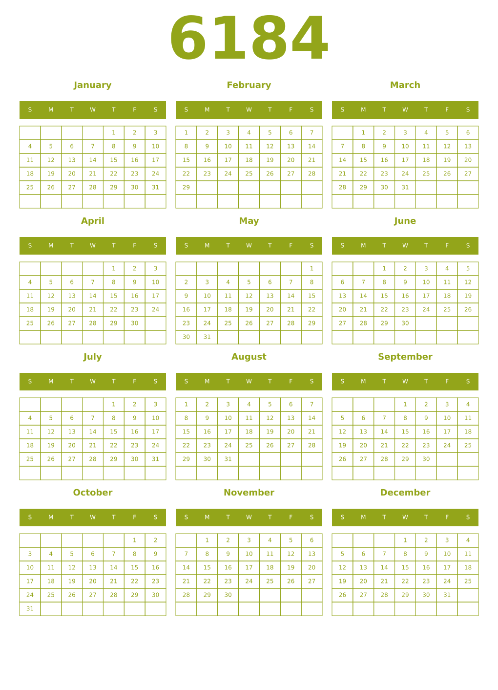 Printable 6184 Year Calendars chartreuse
