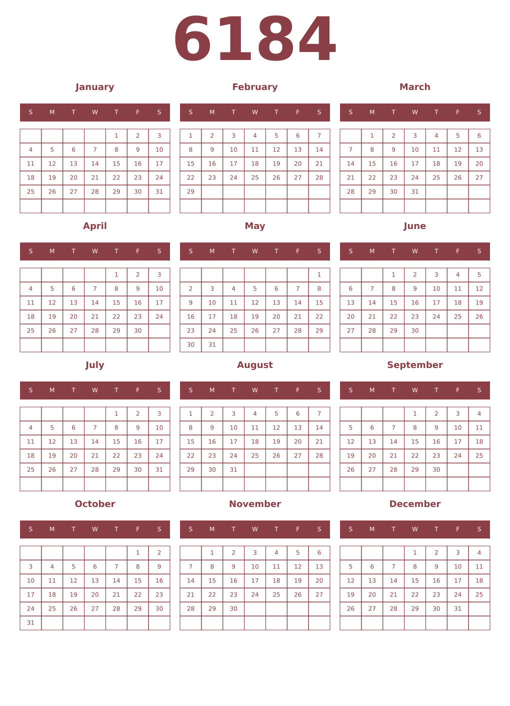 Printable 6184 Year Calendars cordovan