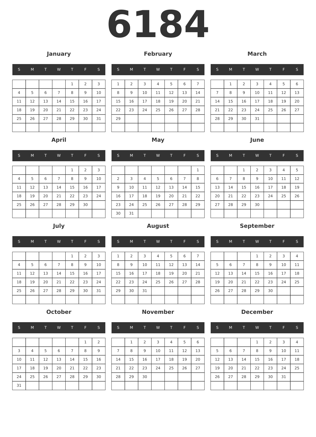Printable 6184 Year Calendars dark