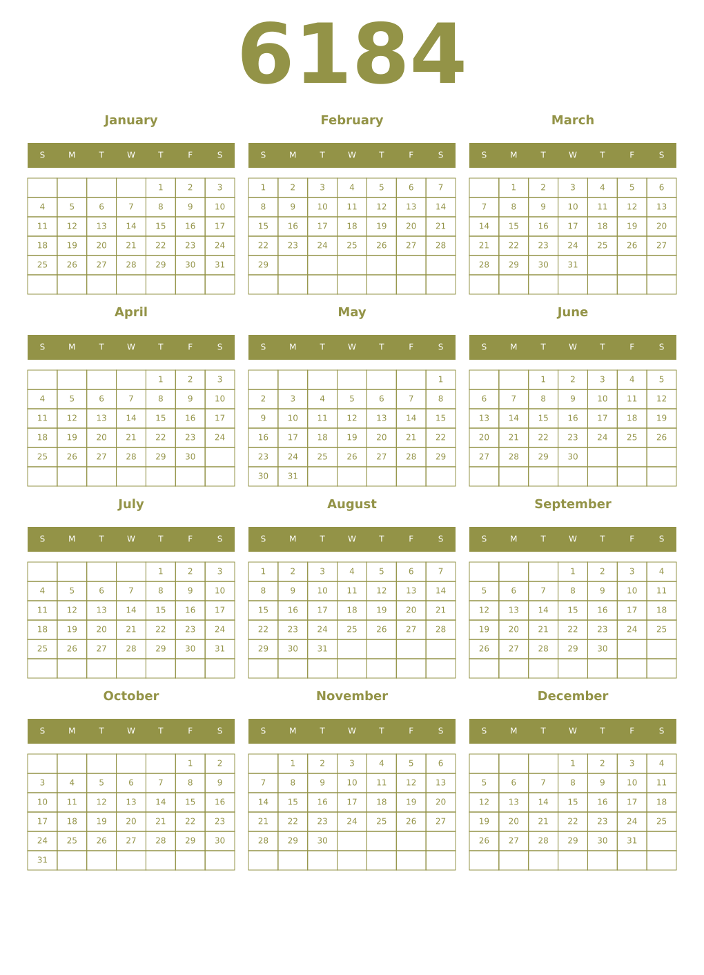 Printable 6184 Year Calendars eburnean