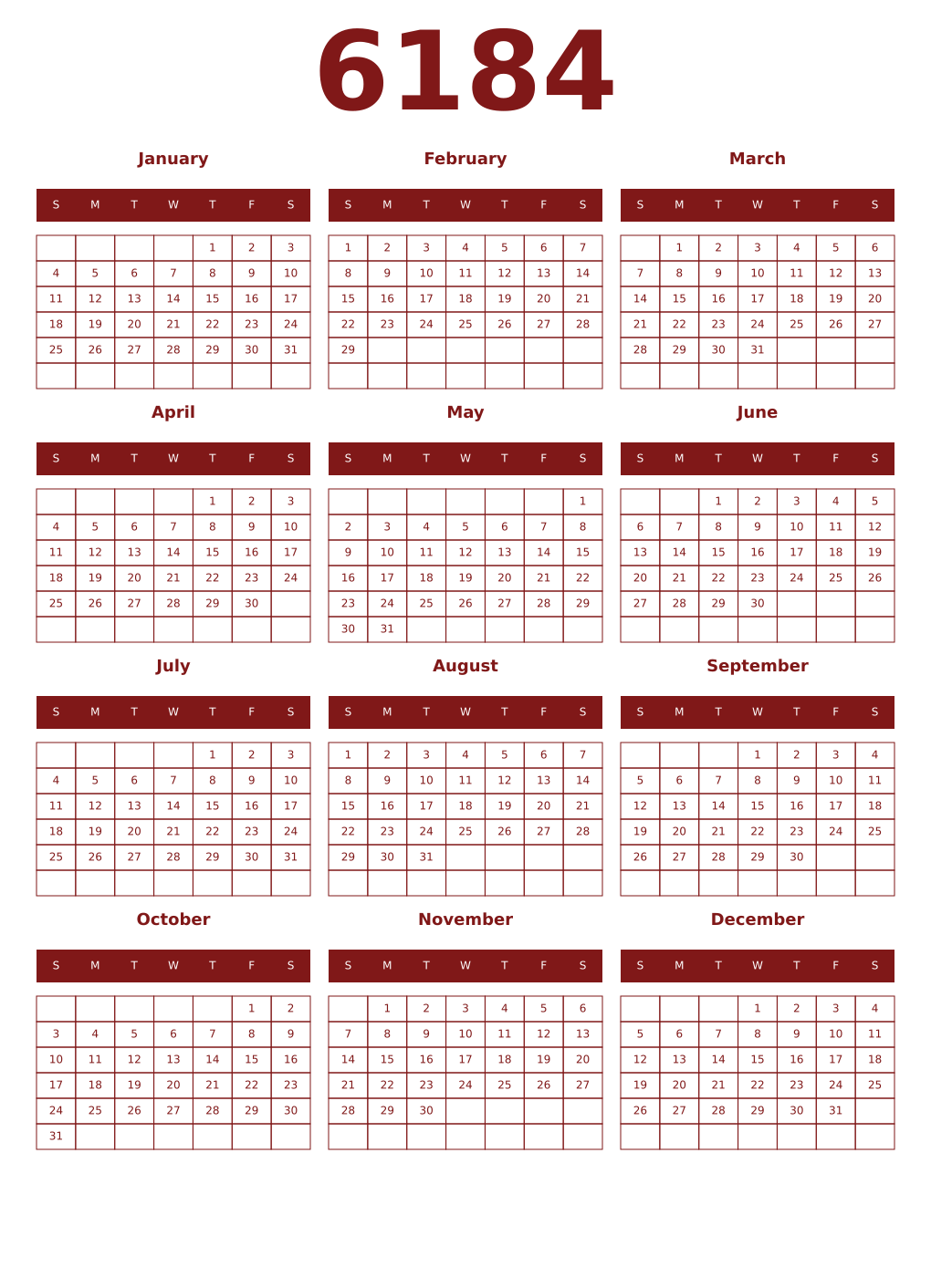Printable 6184 Year Calendars falu