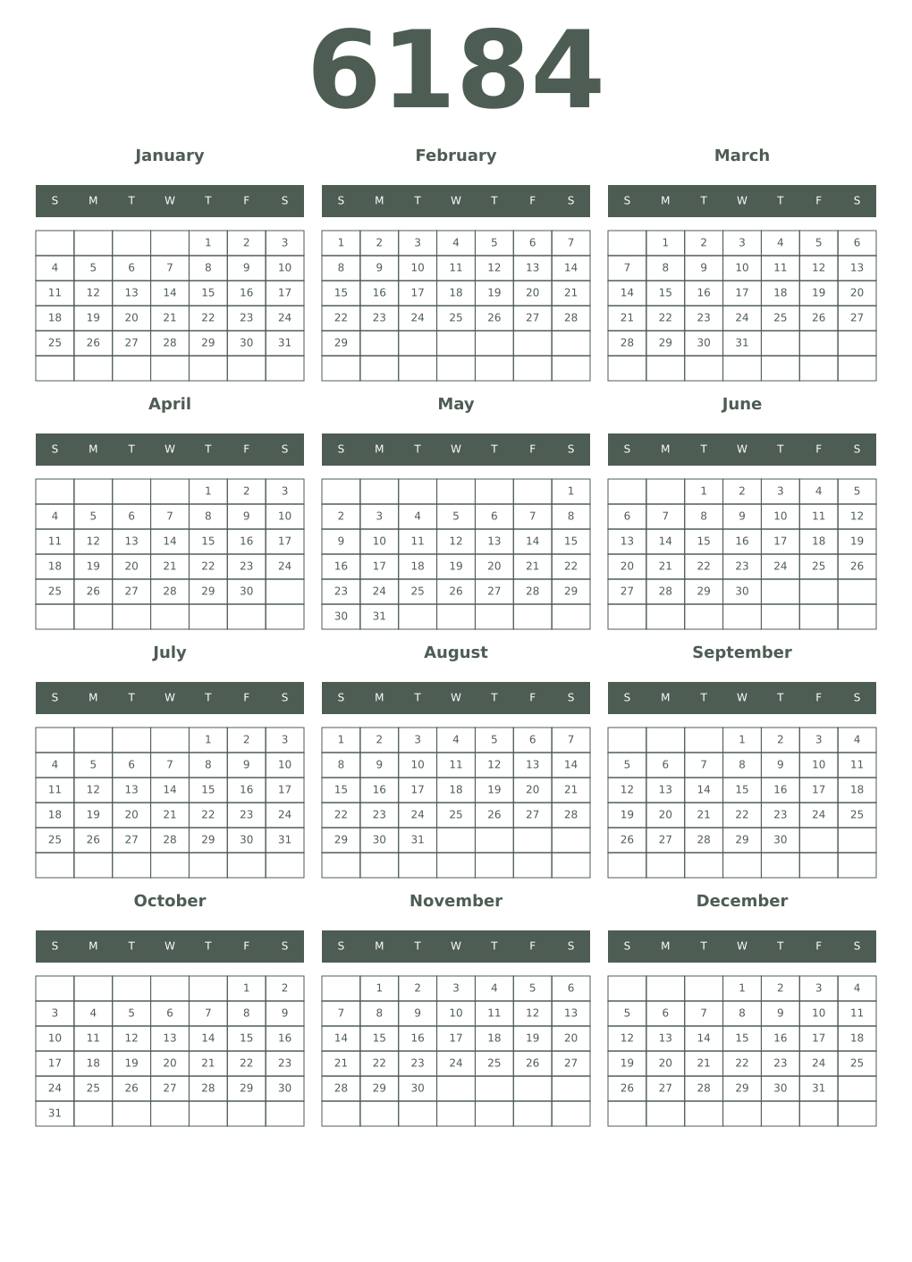 Printable 6184 Year Calendars feldgrau