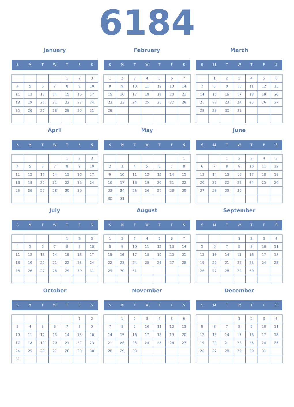 Printable 6184 Year Calendars glaucous
