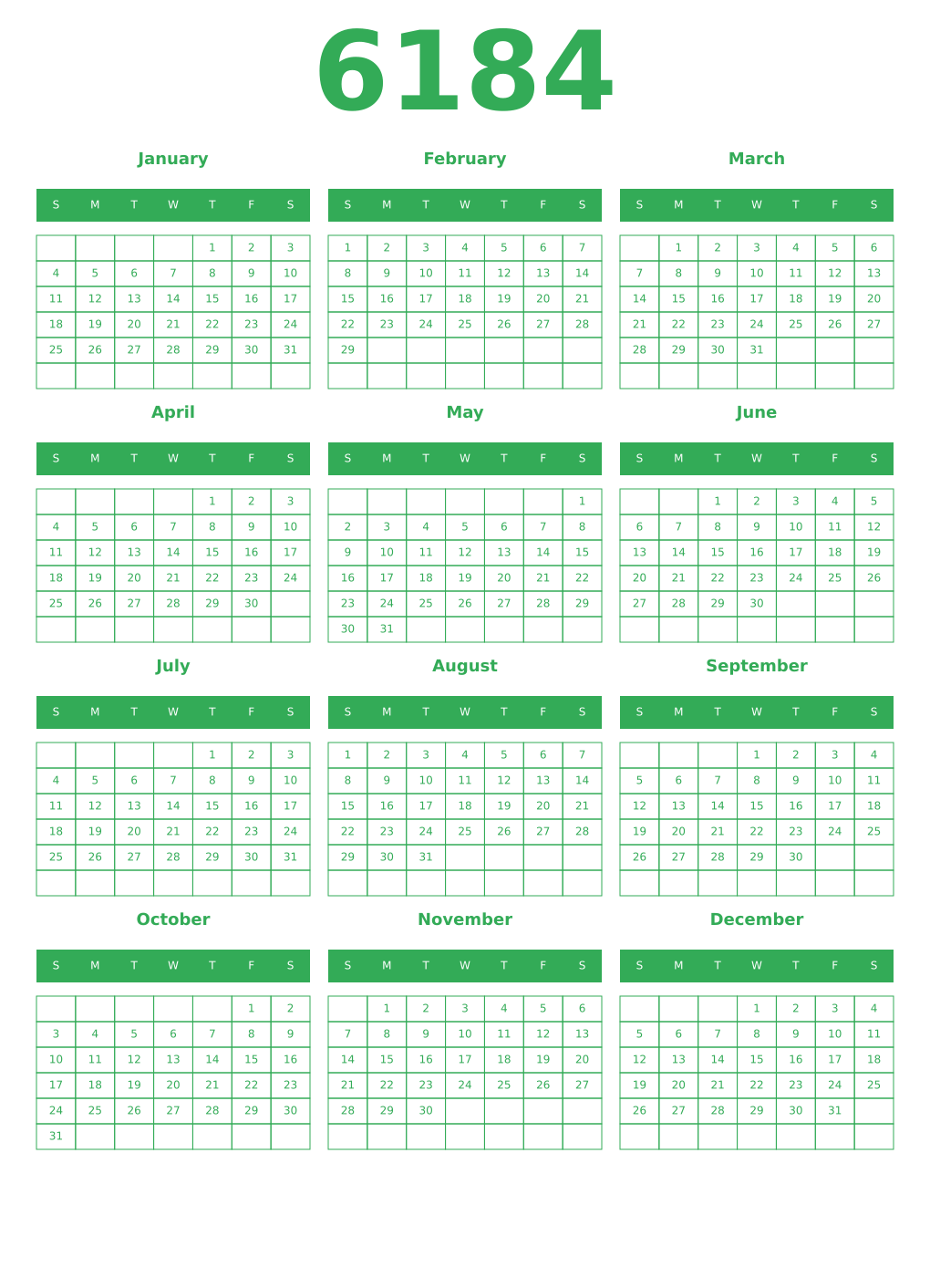 Printable 6184 Year Calendars green