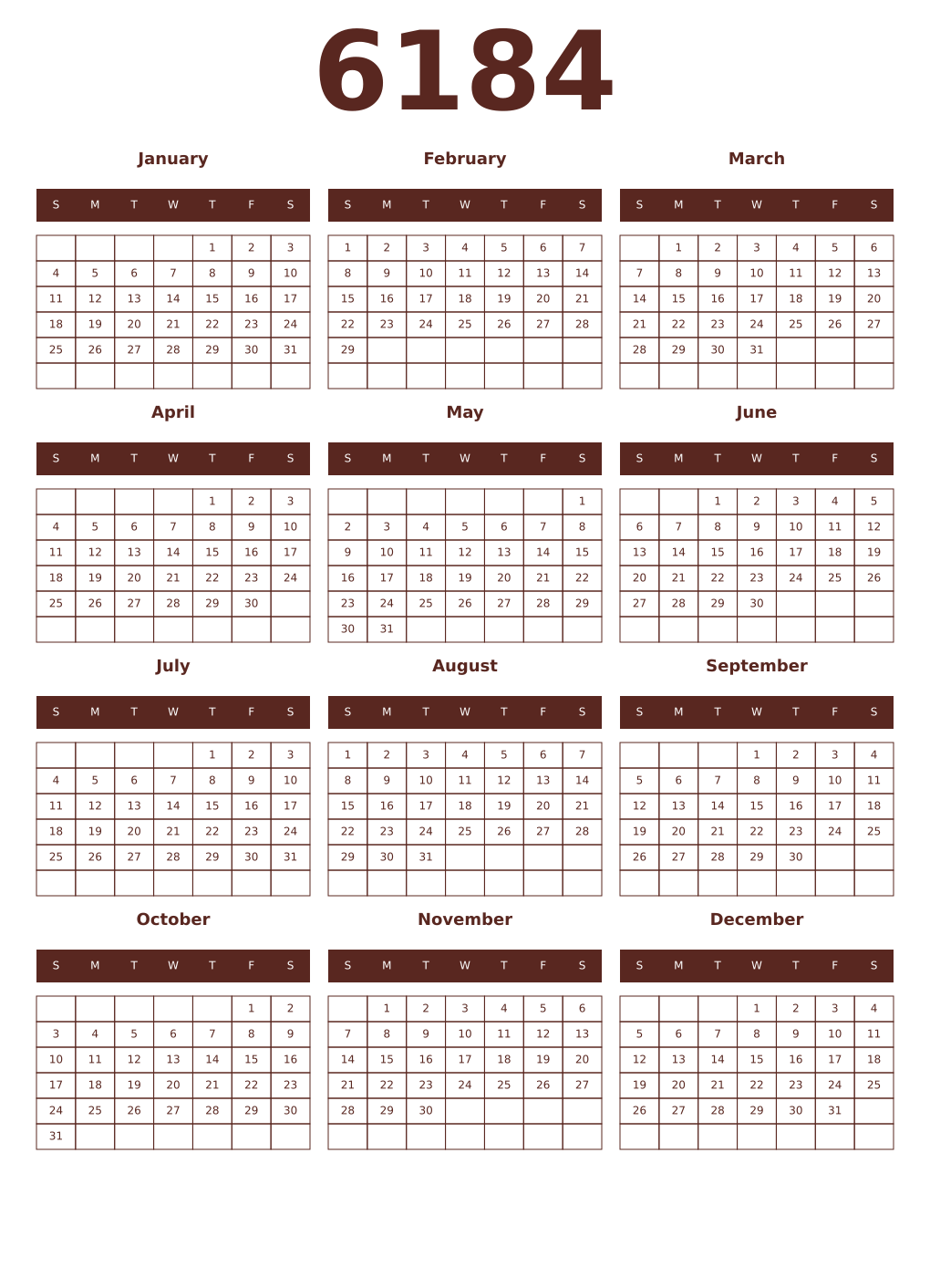 Printable 6184 Year Calendars mortuum