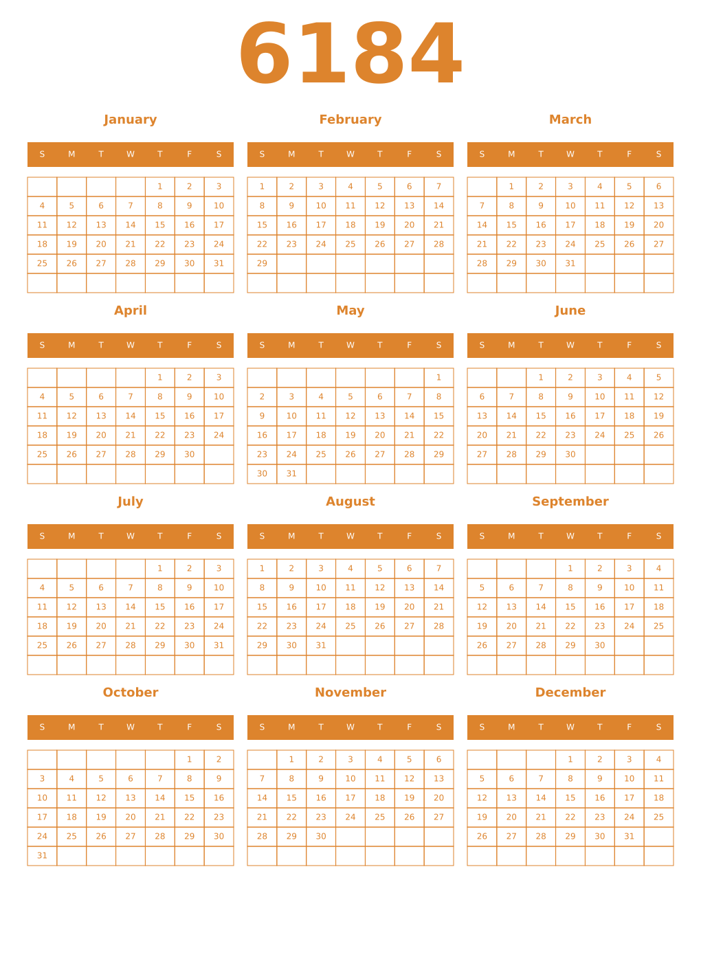 Printable 6184 Year Calendars orange